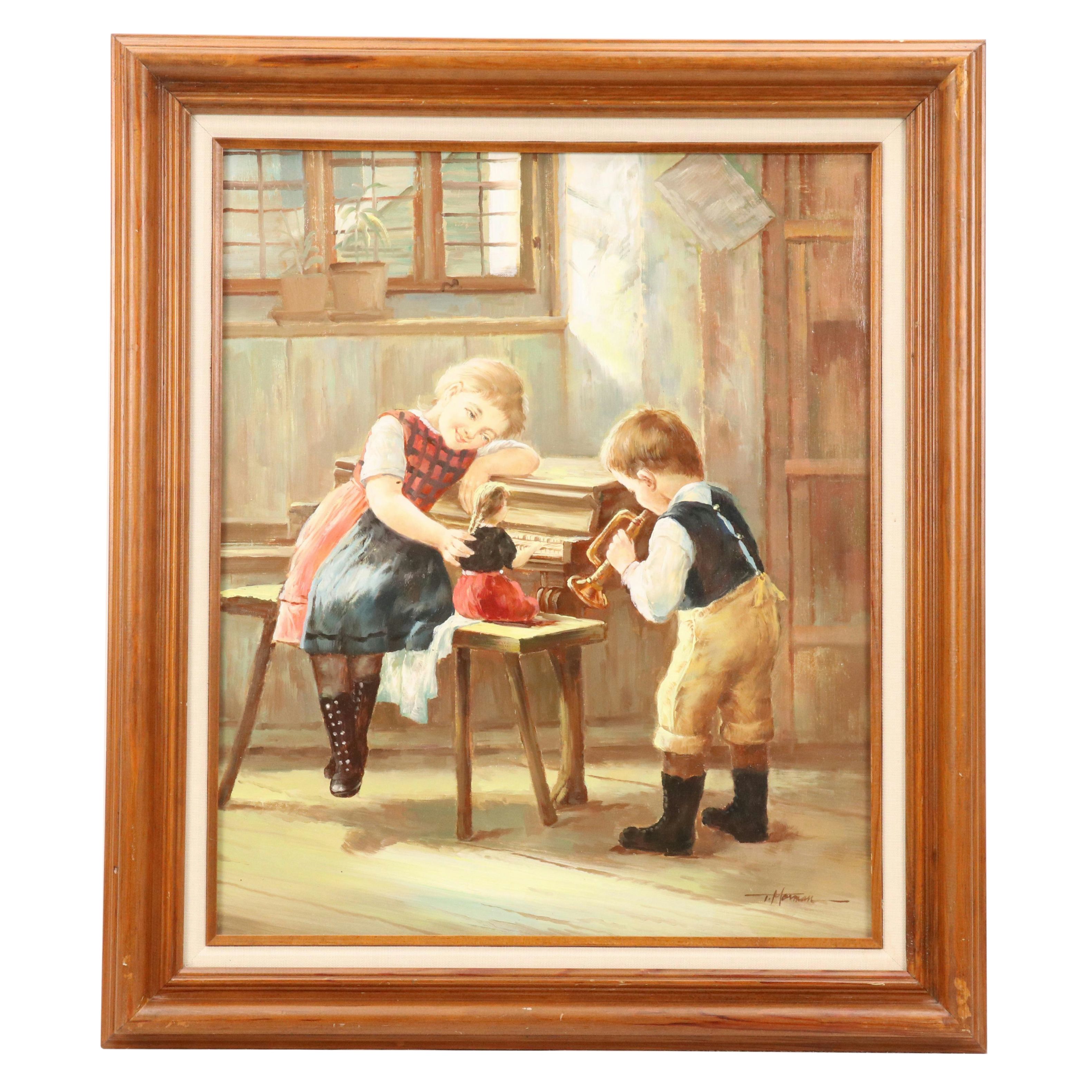Thomas Morman Genre Oil Painting of Two Children Playing with Doll