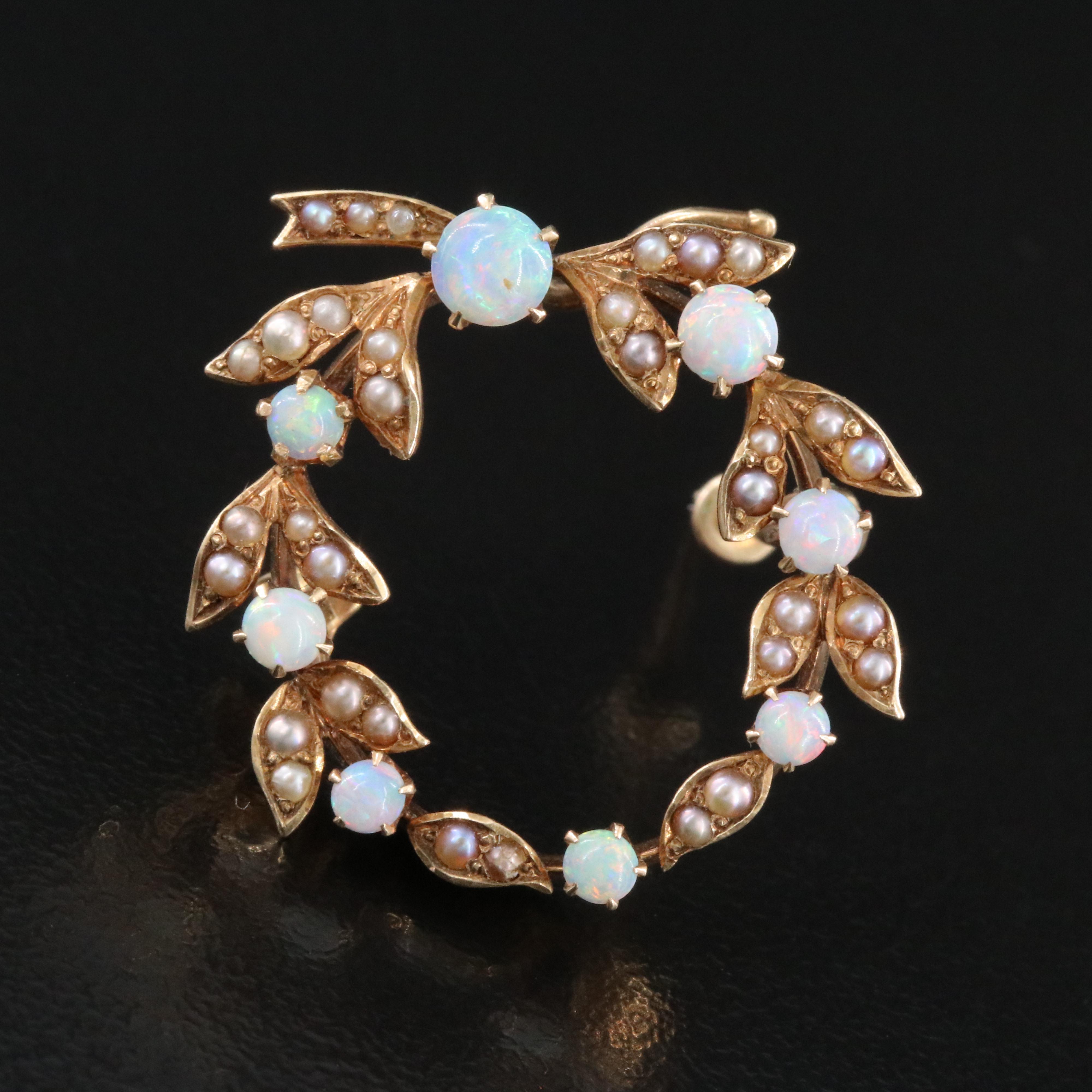 Antique 14K Opal, Pearl and Imitation Pearl Wreath Watch Pin