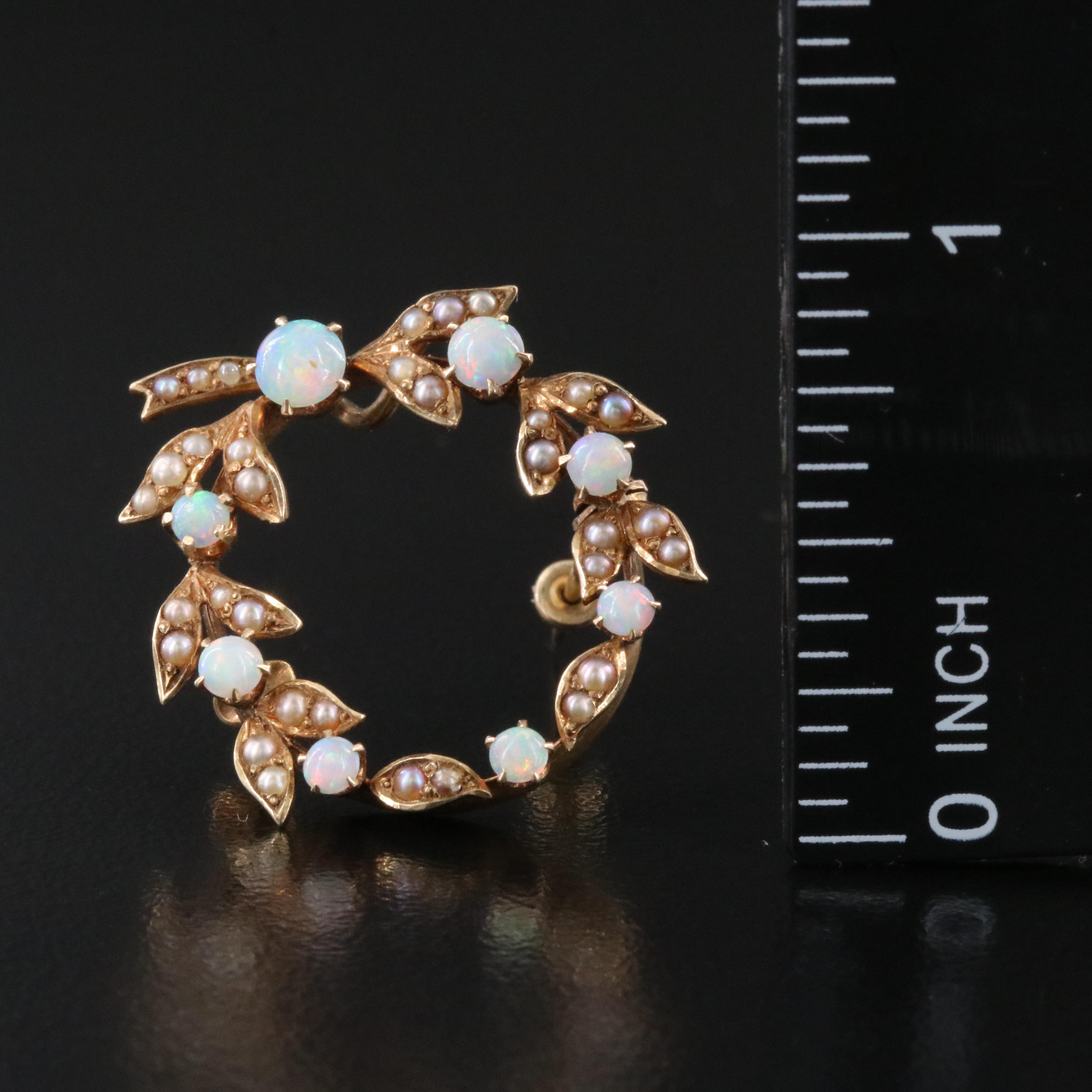 Antique 14K Opal, Pearl and Imitation Pearl Wreath Watch Pin