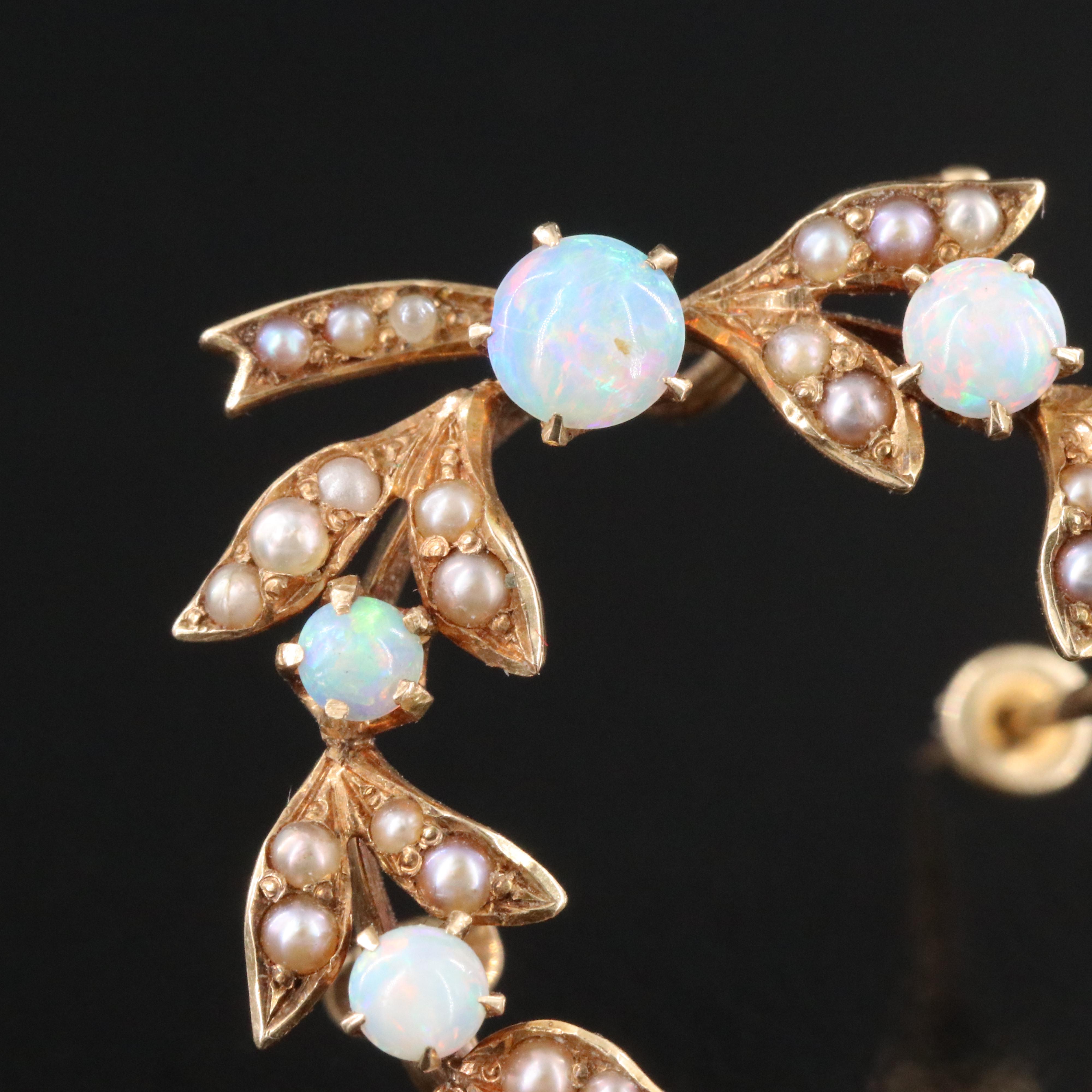Antique 14K Opal, Pearl and Imitation Pearl Wreath Watch Pin