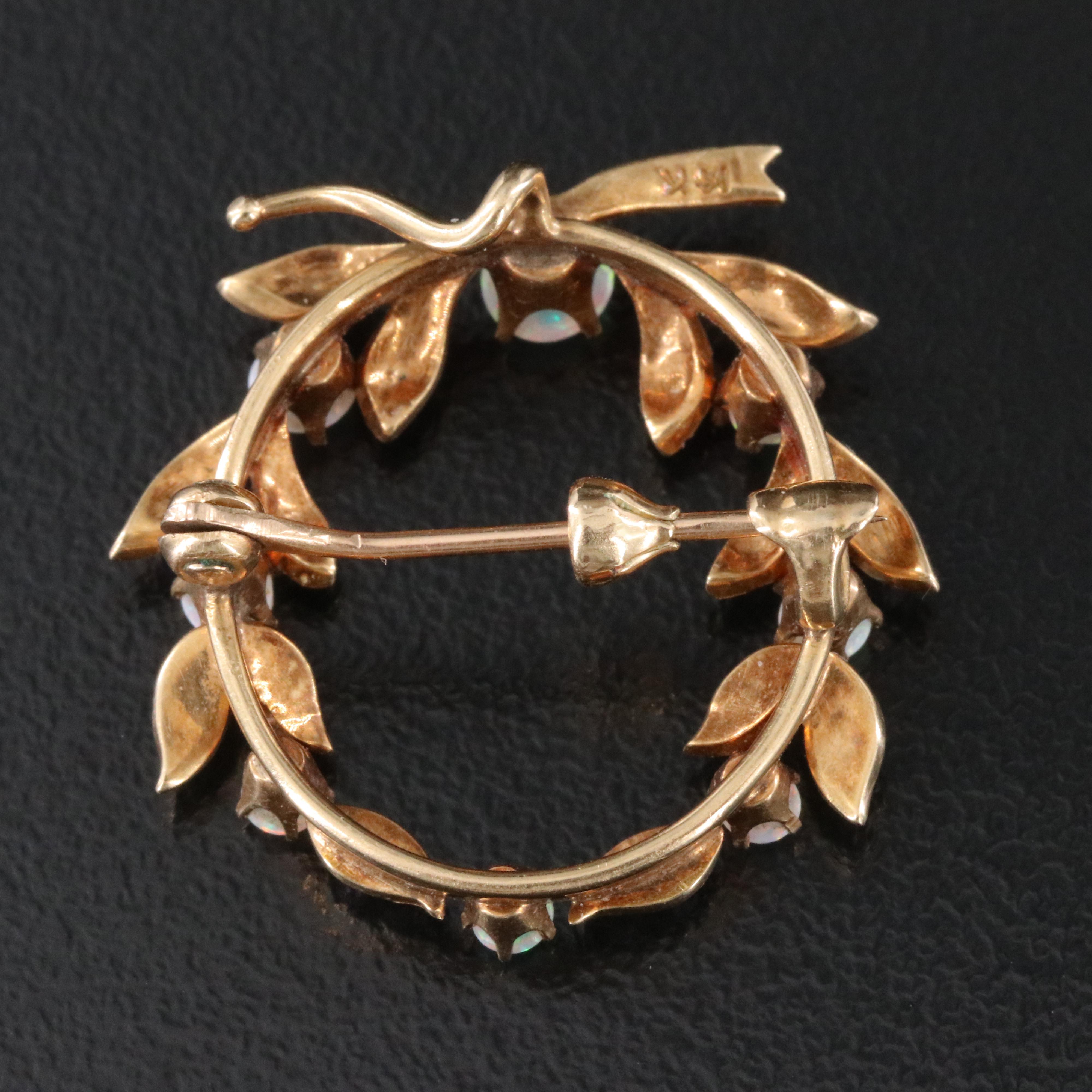 Antique 14K Opal, Pearl and Imitation Pearl Wreath Watch Pin