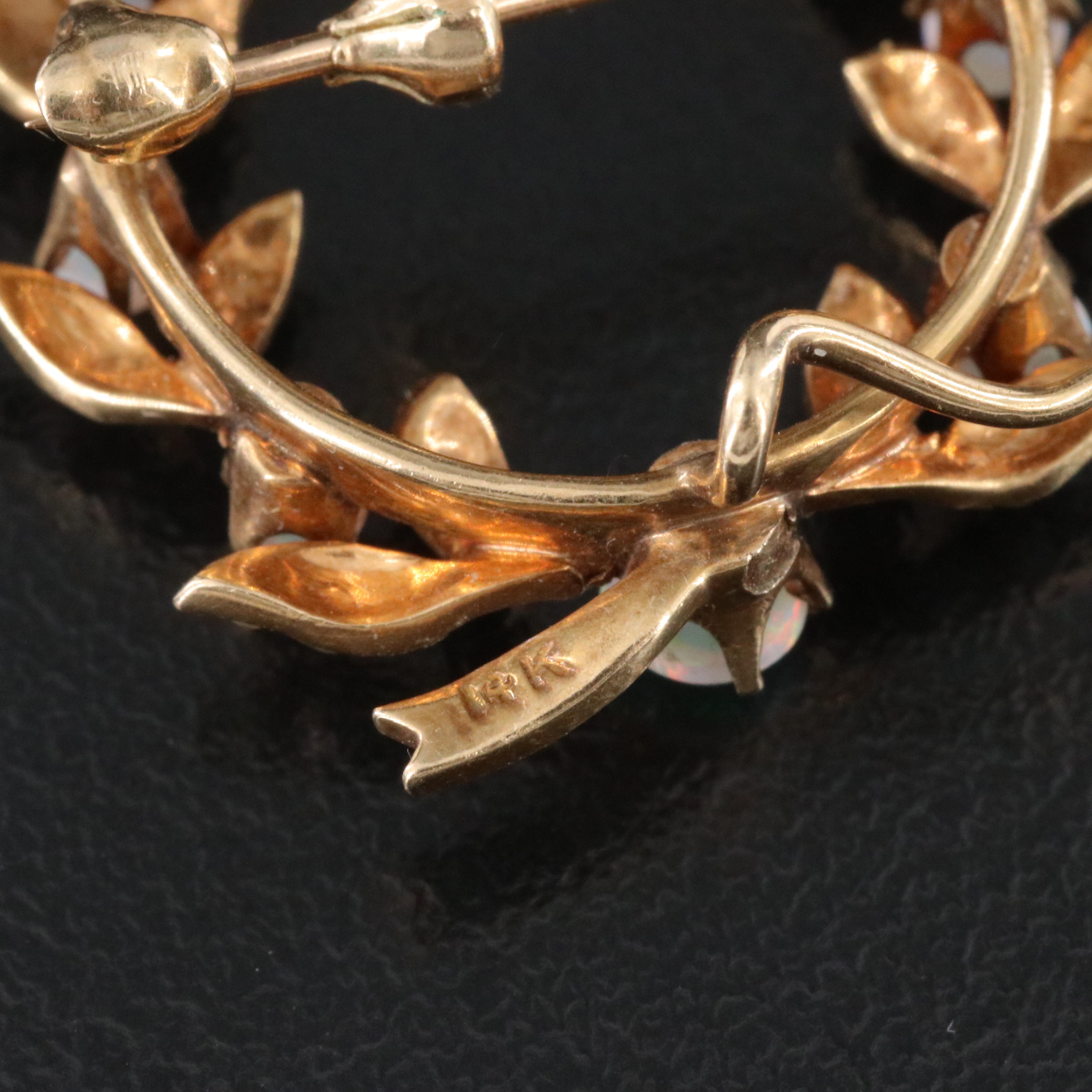 Antique 14K Opal, Pearl and Imitation Pearl Wreath Watch Pin