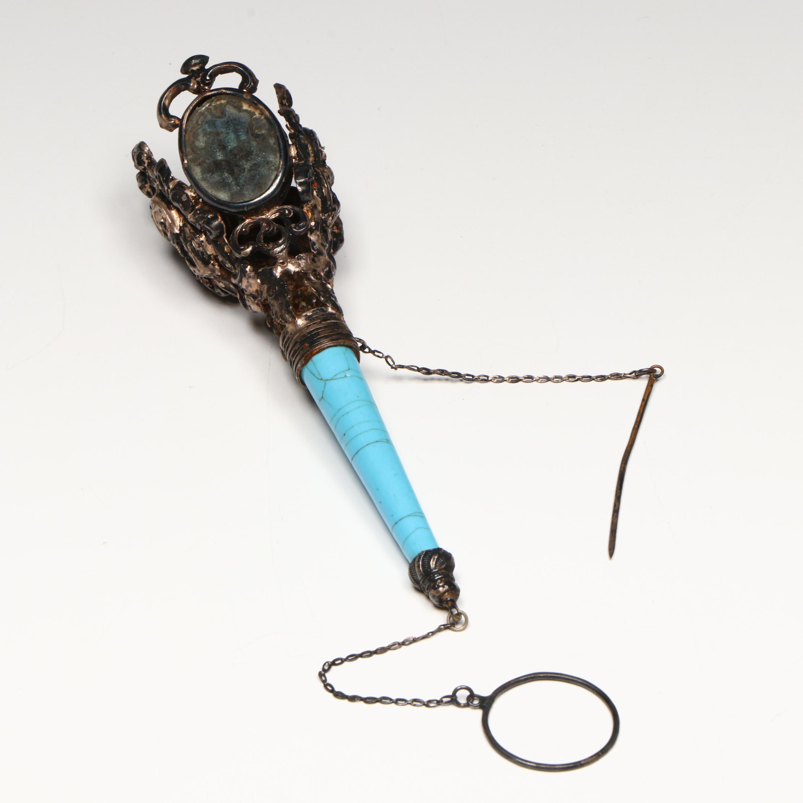 Victorian Continental Repoussé and Blue Porcelain Tussie-Mussie Posy Holder