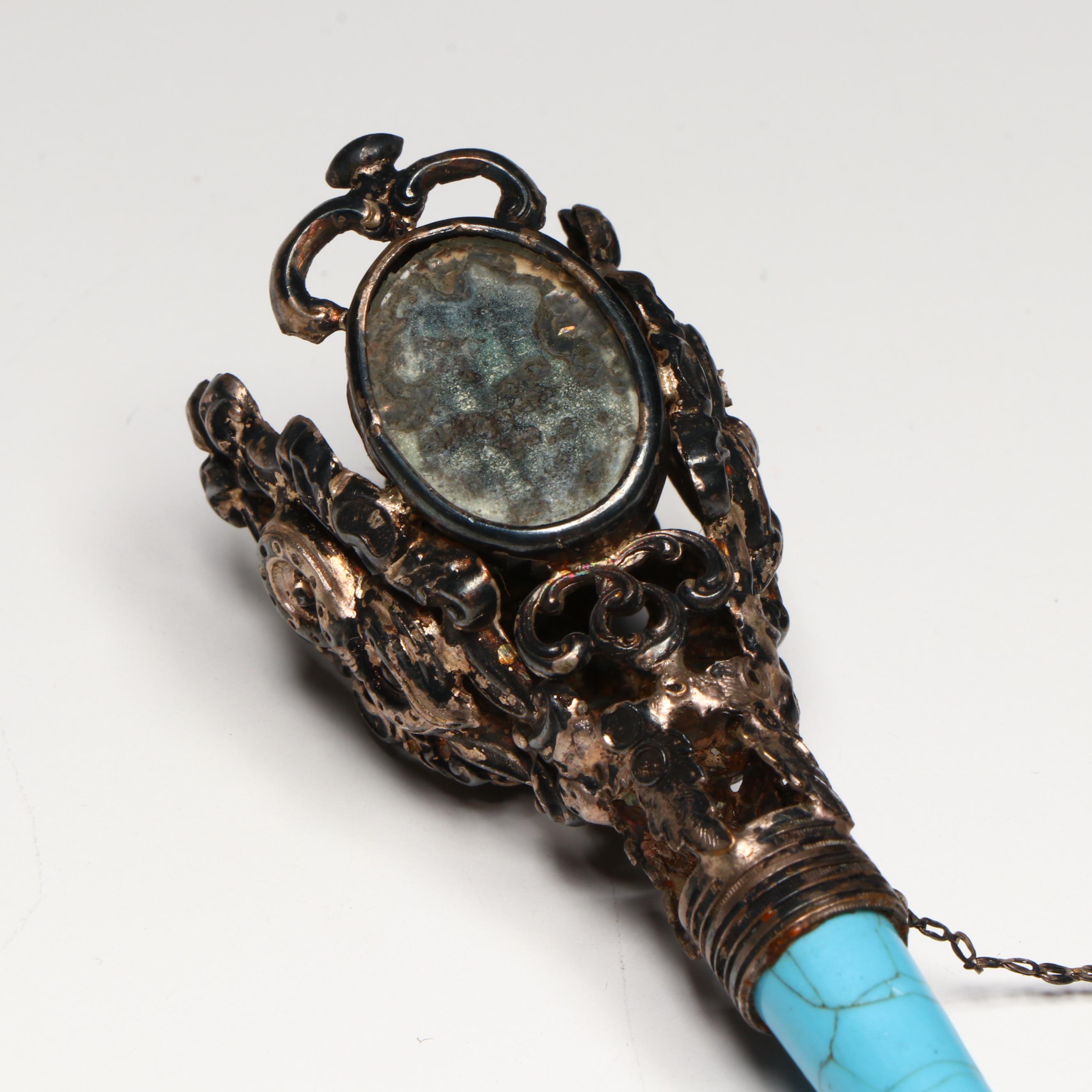 Victorian Continental Repoussé and Blue Porcelain Tussie-Mussie Posy Holder