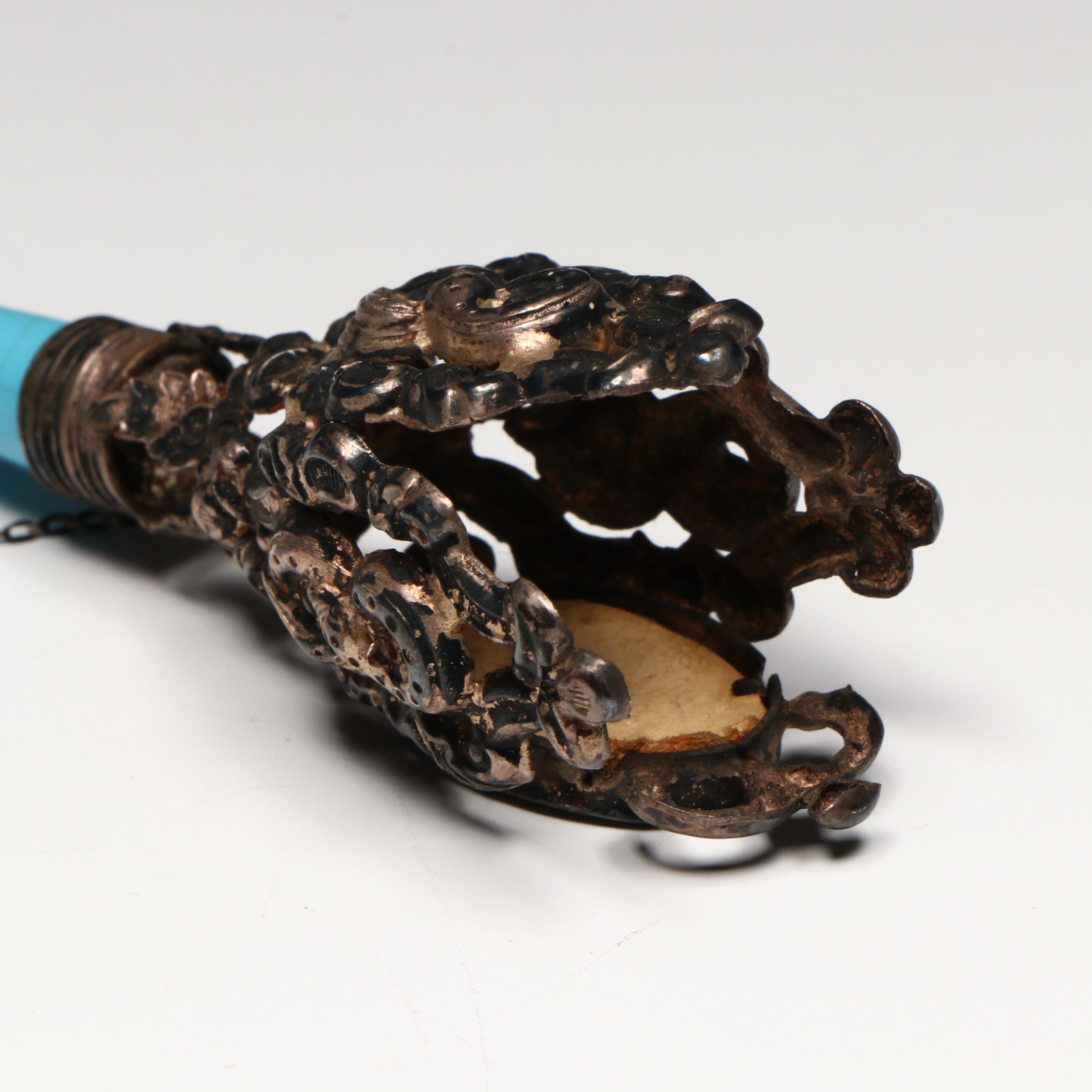 Victorian Continental Repoussé and Blue Porcelain Tussie-Mussie Posy Holder