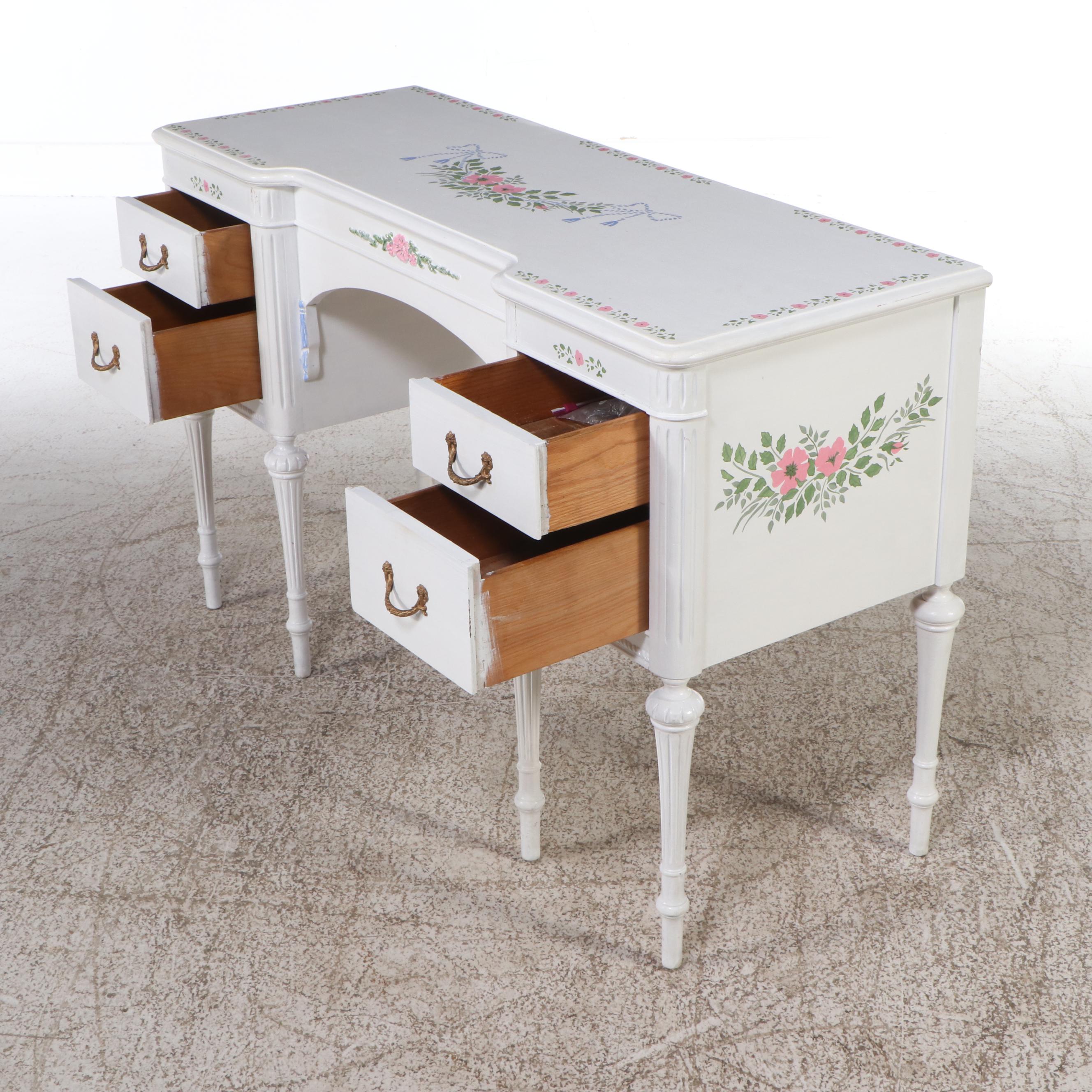 Lous XV Style Paint-Decorated Wood Desk and Chair