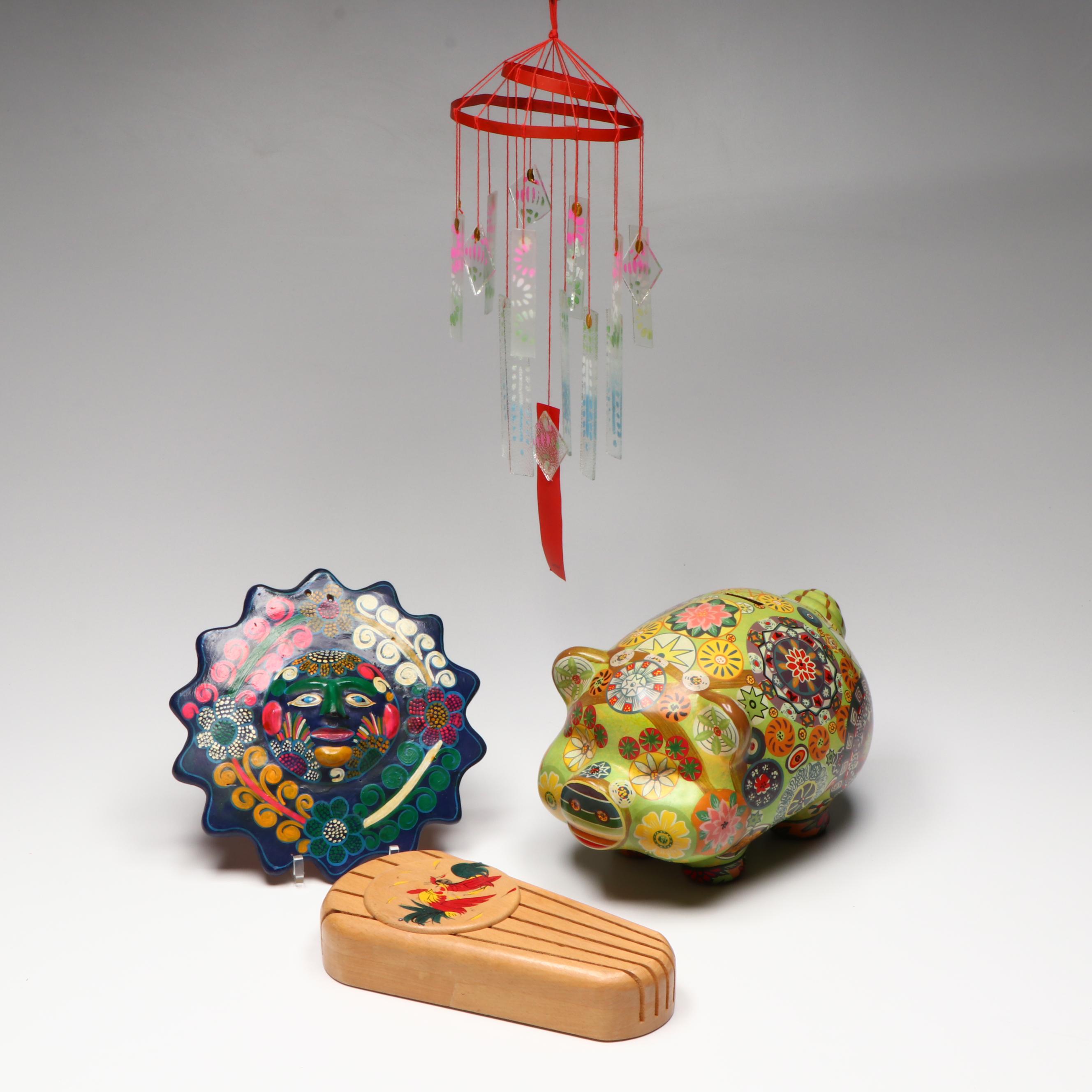 Mexican Hand-Painted Sunface, Boho Piggy Bank, with Windchimes, Knifeblock