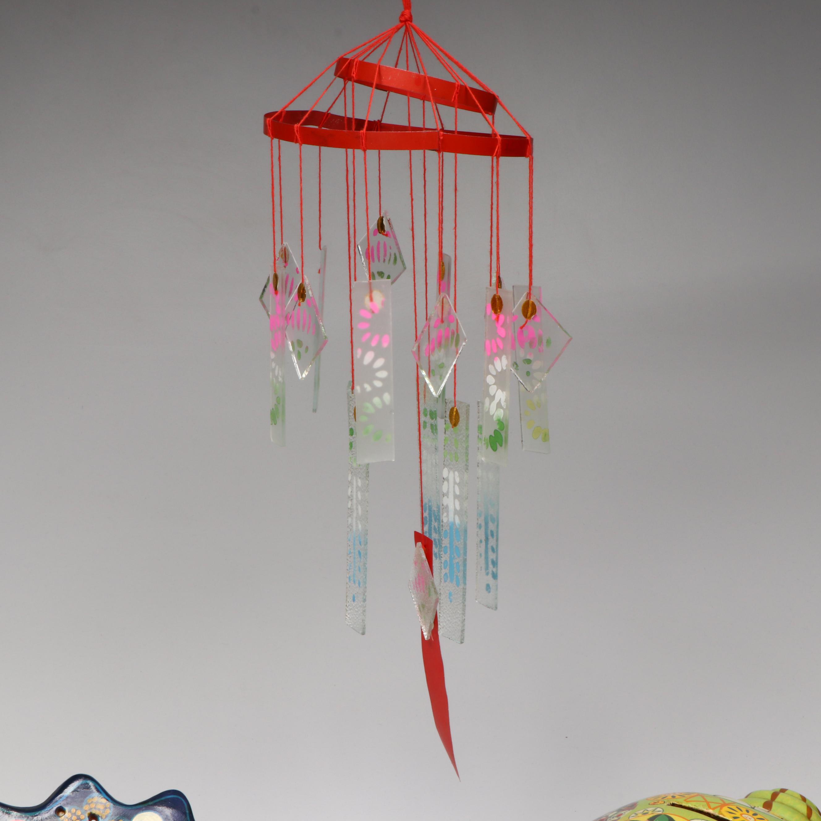 Mexican Hand-Painted Sunface, Boho Piggy Bank, with Windchimes, Knifeblock