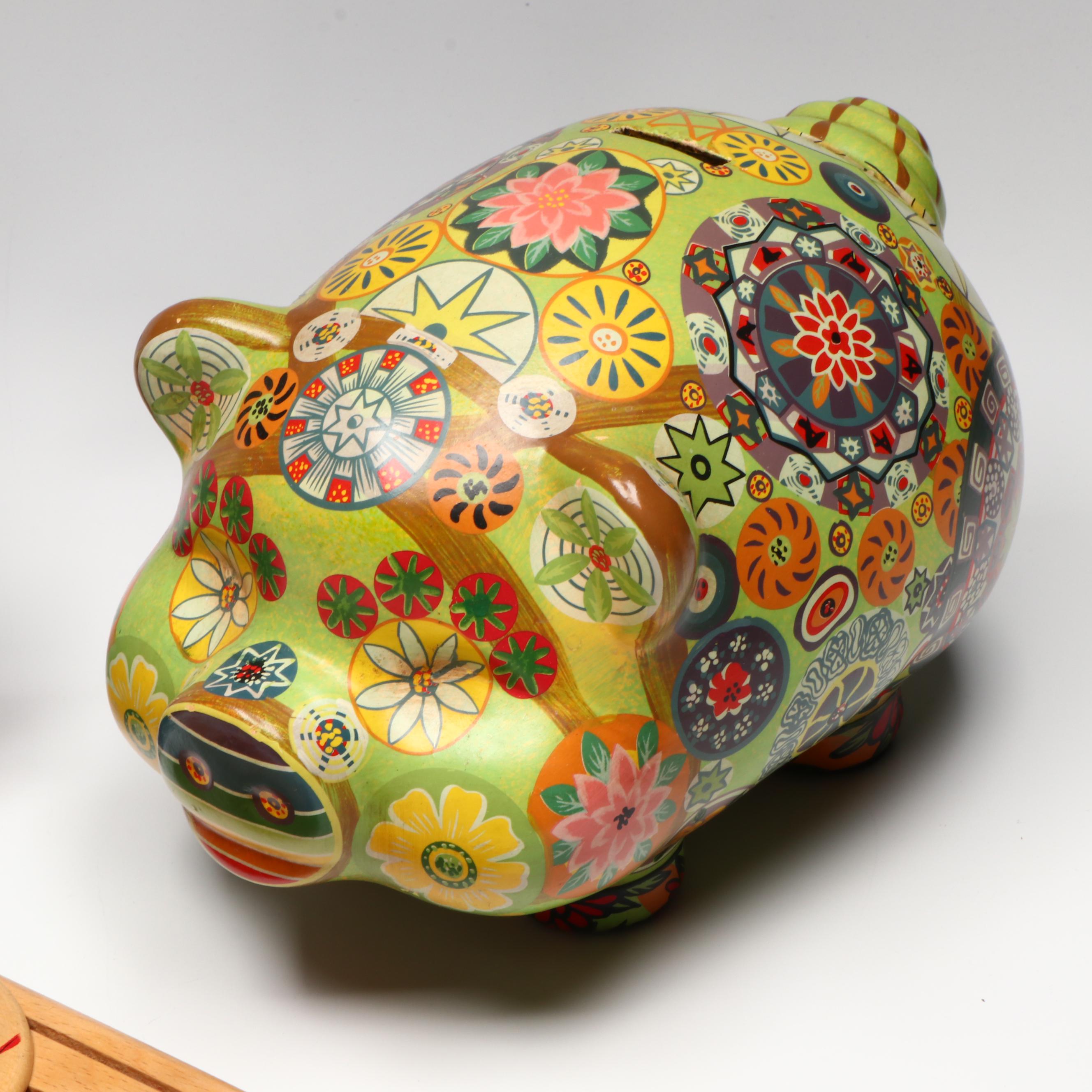 Mexican Hand-Painted Sunface, Boho Piggy Bank, with Windchimes, Knifeblock