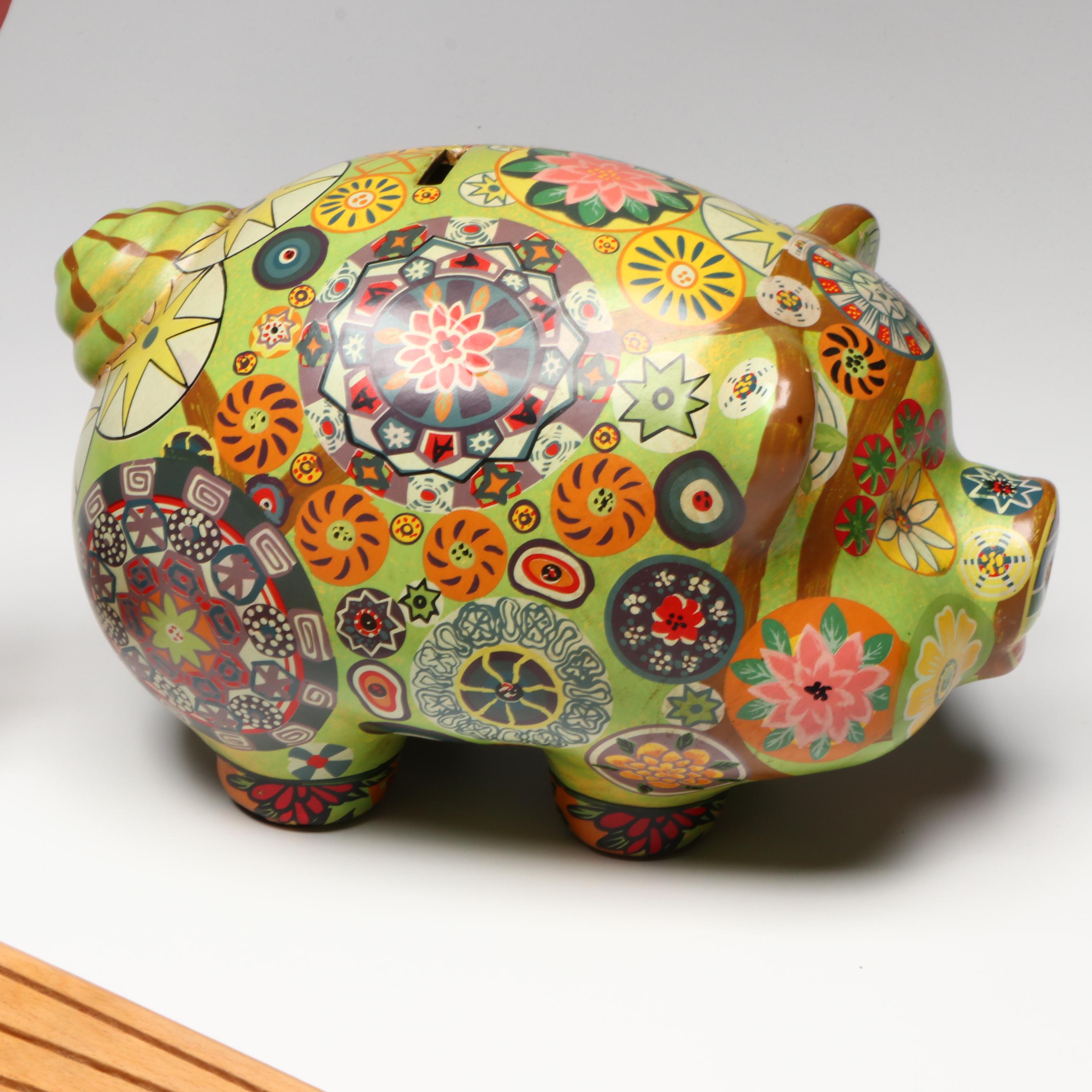 Mexican Hand-Painted Sunface, Boho Piggy Bank, with Windchimes, Knifeblock