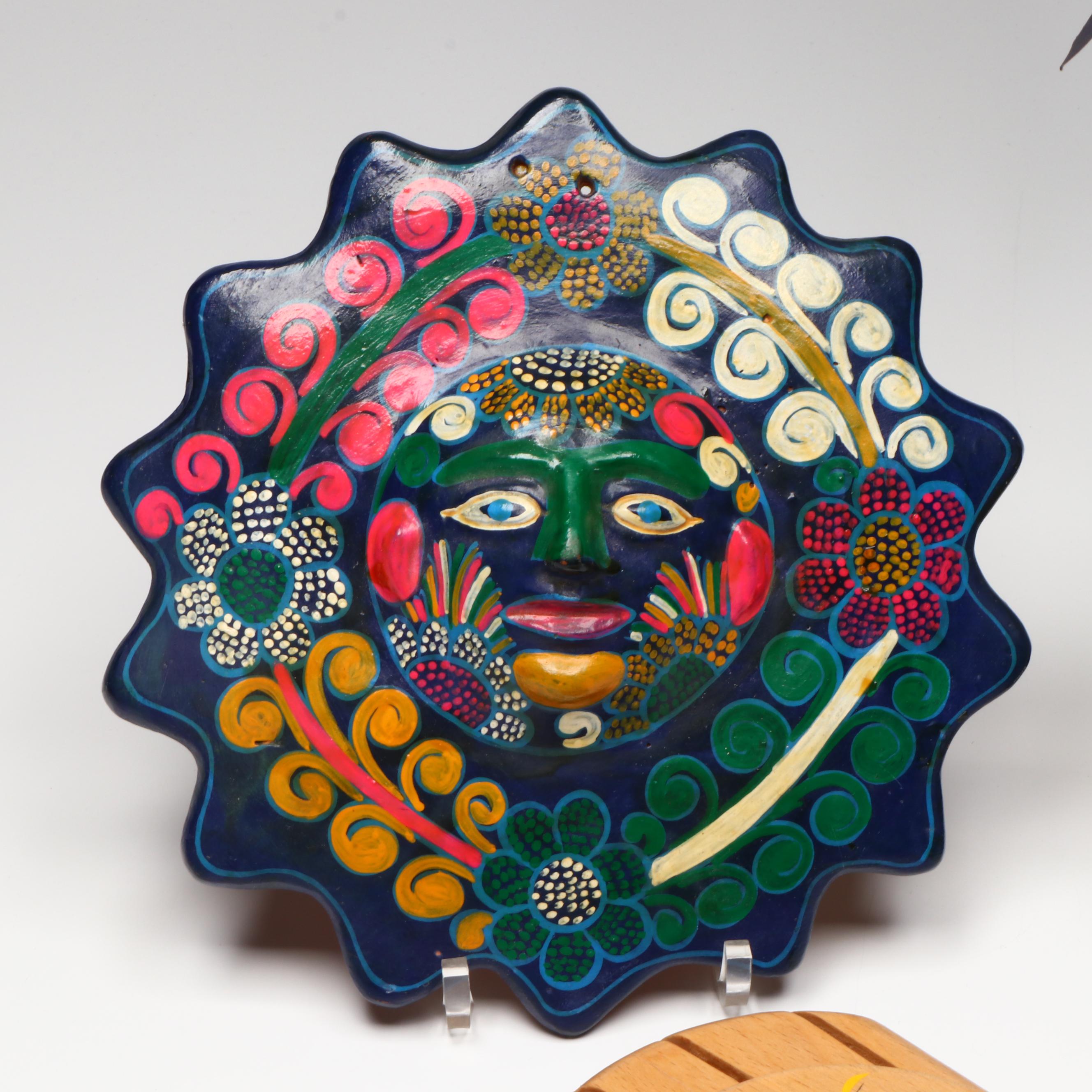 Mexican Hand-Painted Sunface, Boho Piggy Bank, with Windchimes, Knifeblock