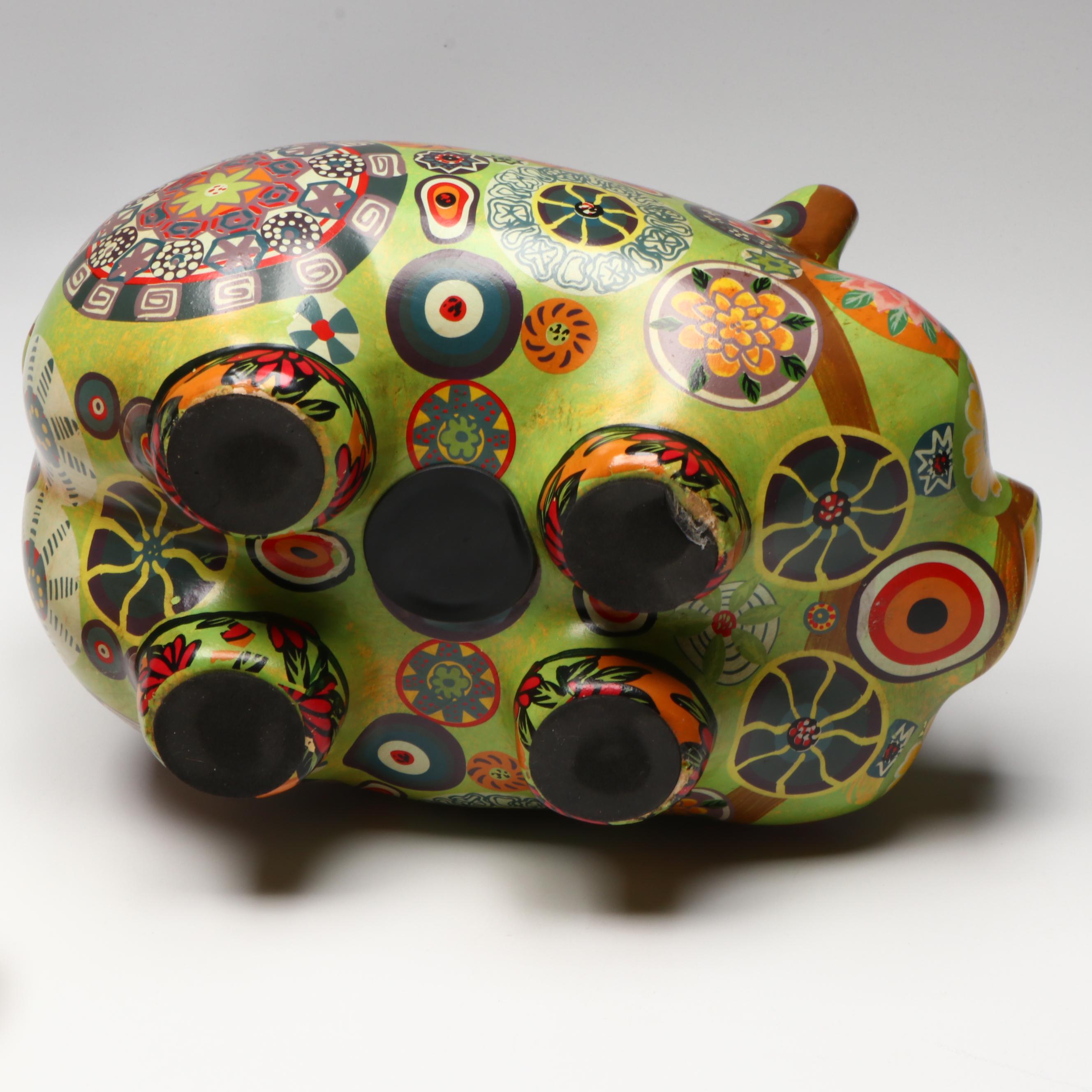 Mexican Hand-Painted Sunface, Boho Piggy Bank, with Windchimes, Knifeblock