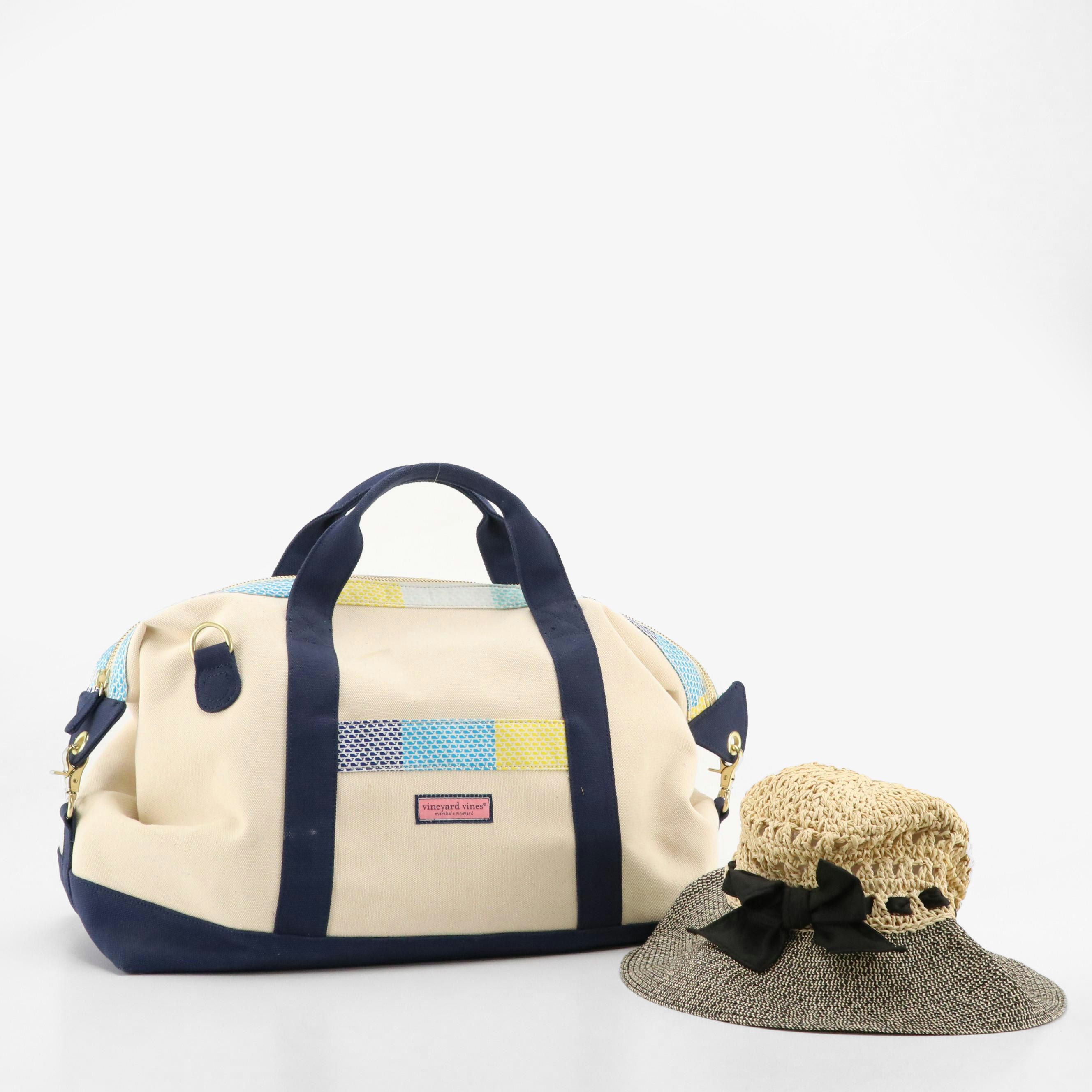 Vineyard Vines Two-Way Weekended Duffle Bag in Canvas and Betmar Woven Sunhat