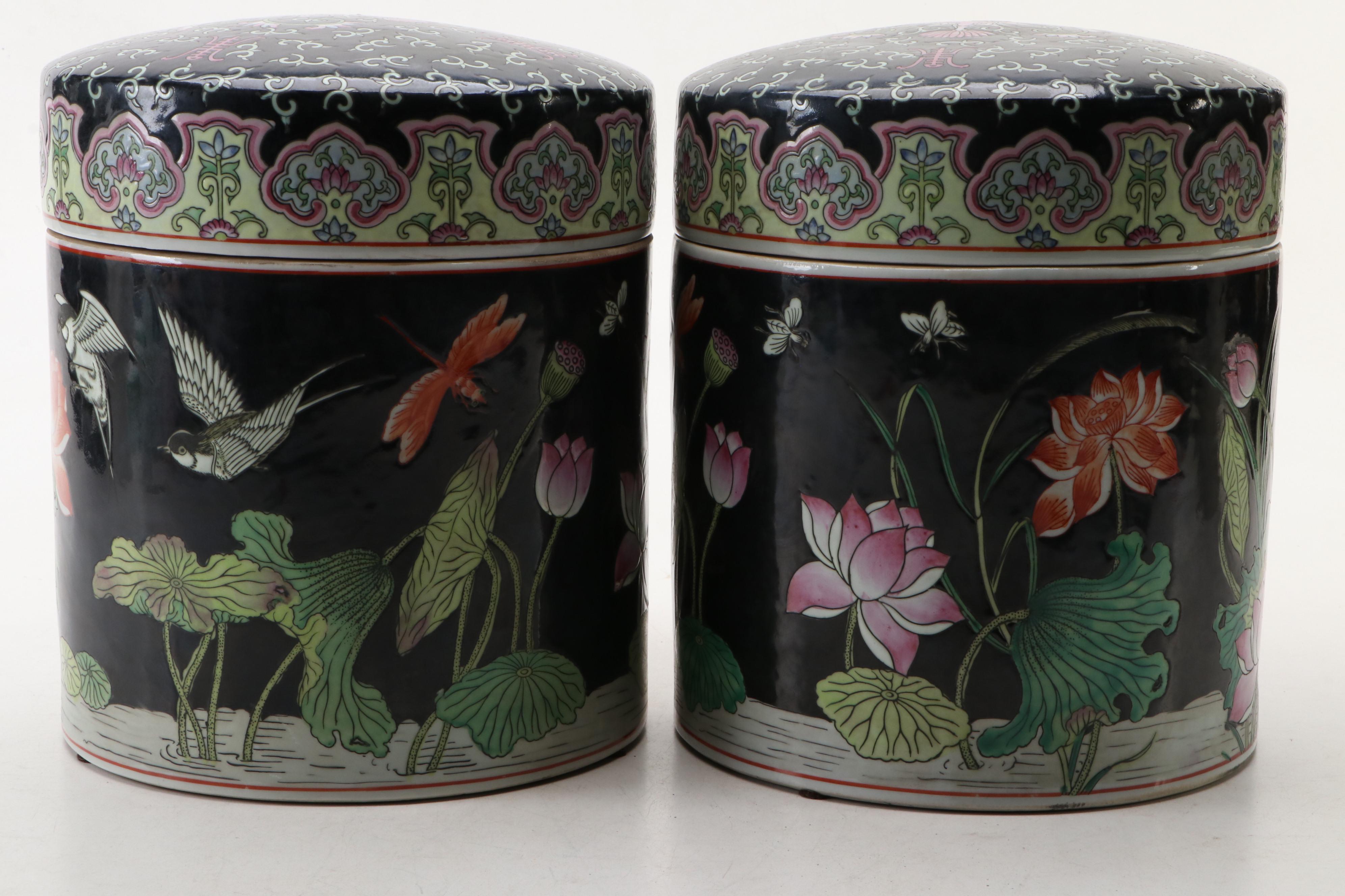 Andrea by Sadek Chinese Famille Noire Porcelain Lidded Jars