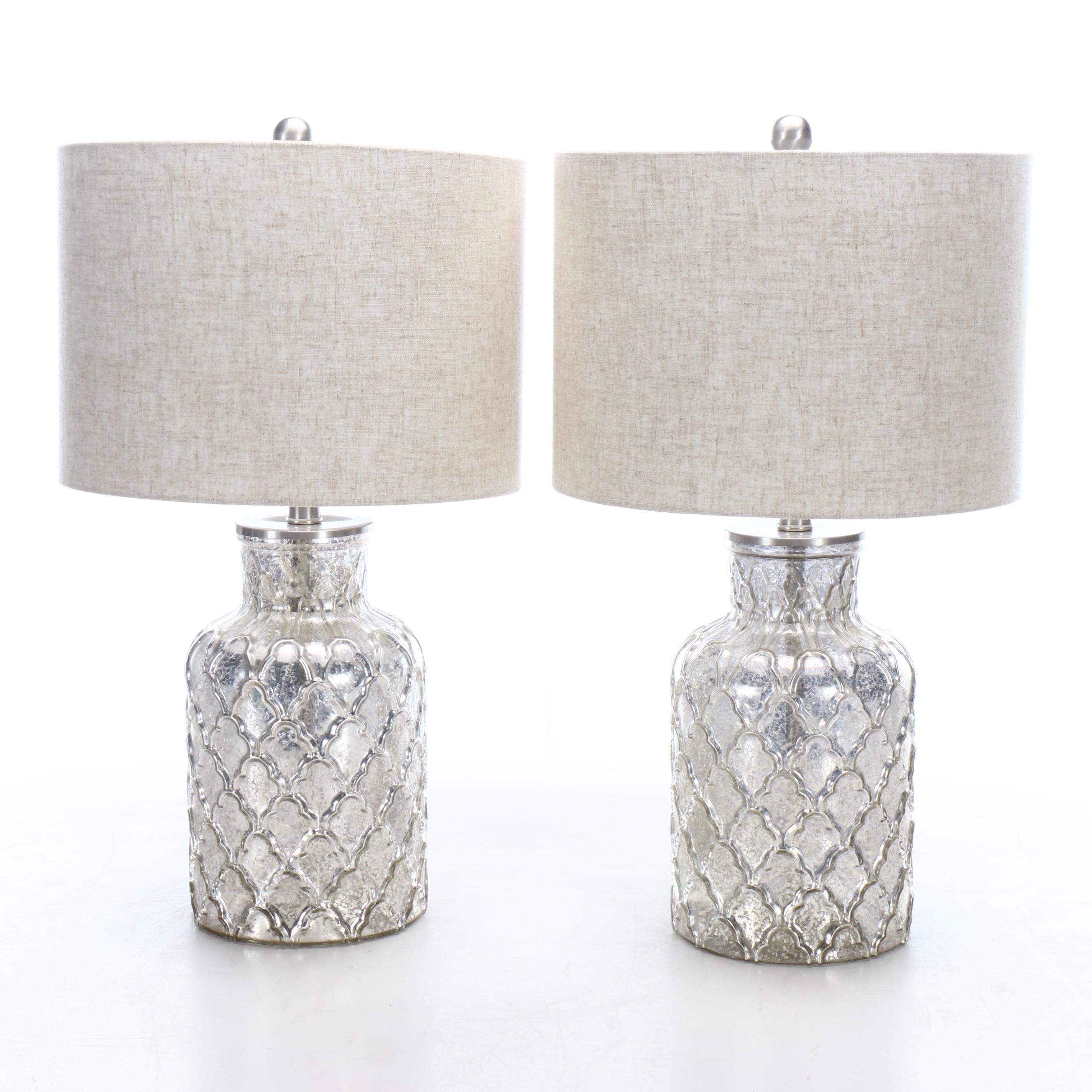 Mercury Glass Fish Scale Pattern Table Lamps with Linen Drum Shades