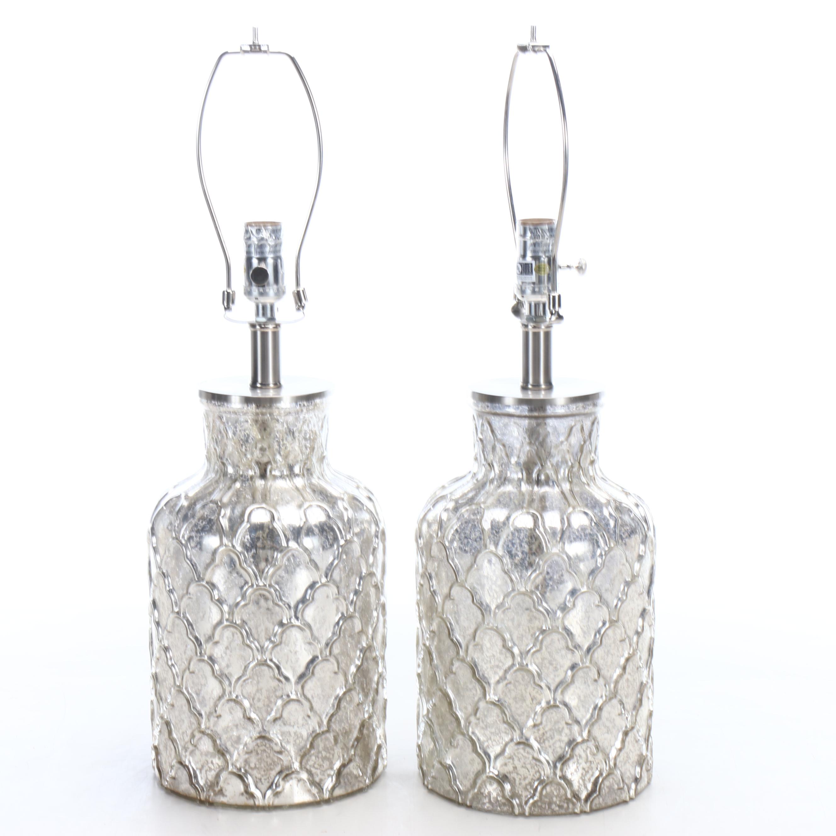 Mercury Glass Fish Scale Pattern Table Lamps with Linen Drum Shades