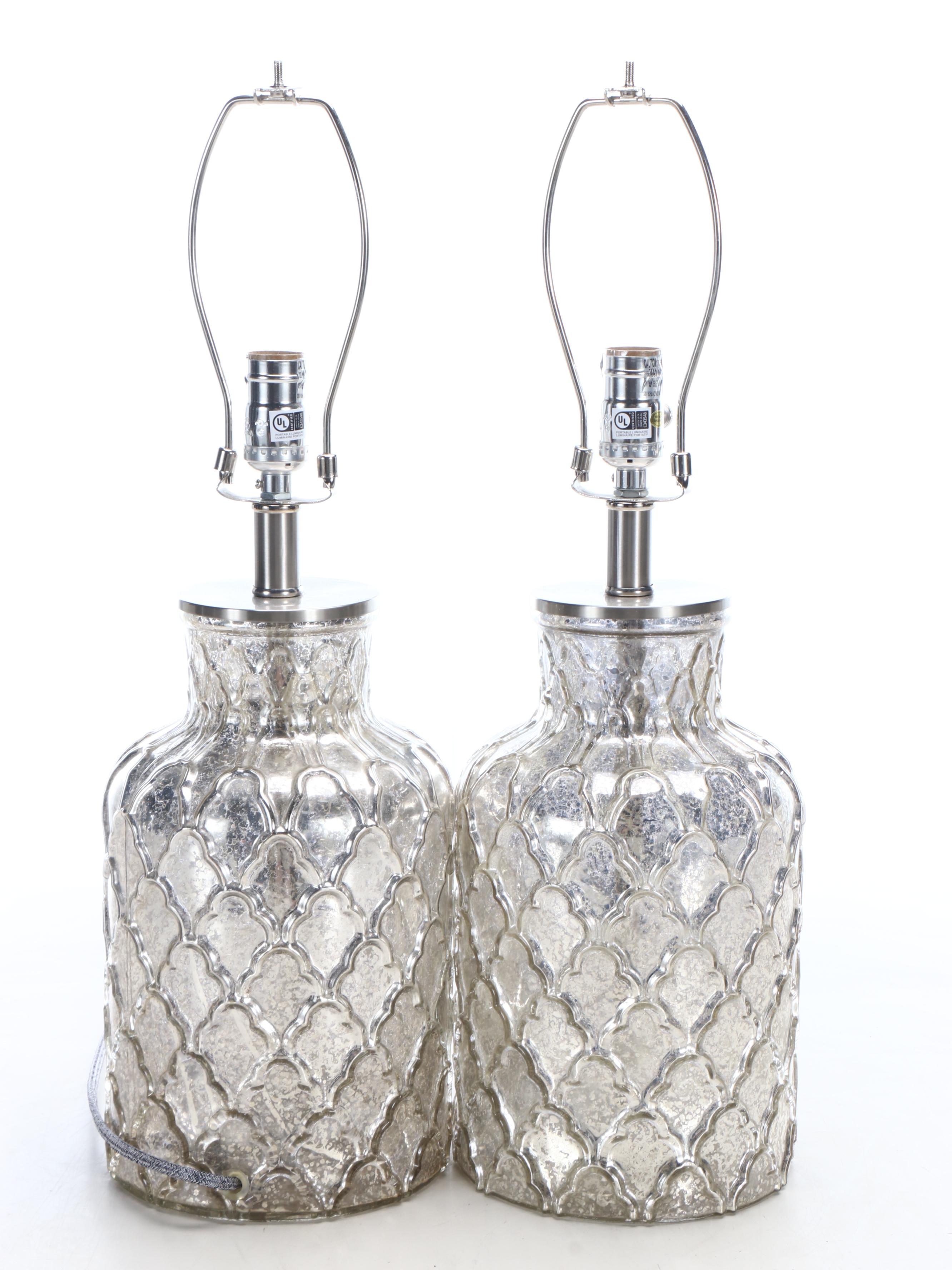 Mercury Glass Fish Scale Pattern Table Lamps with Linen Drum Shades