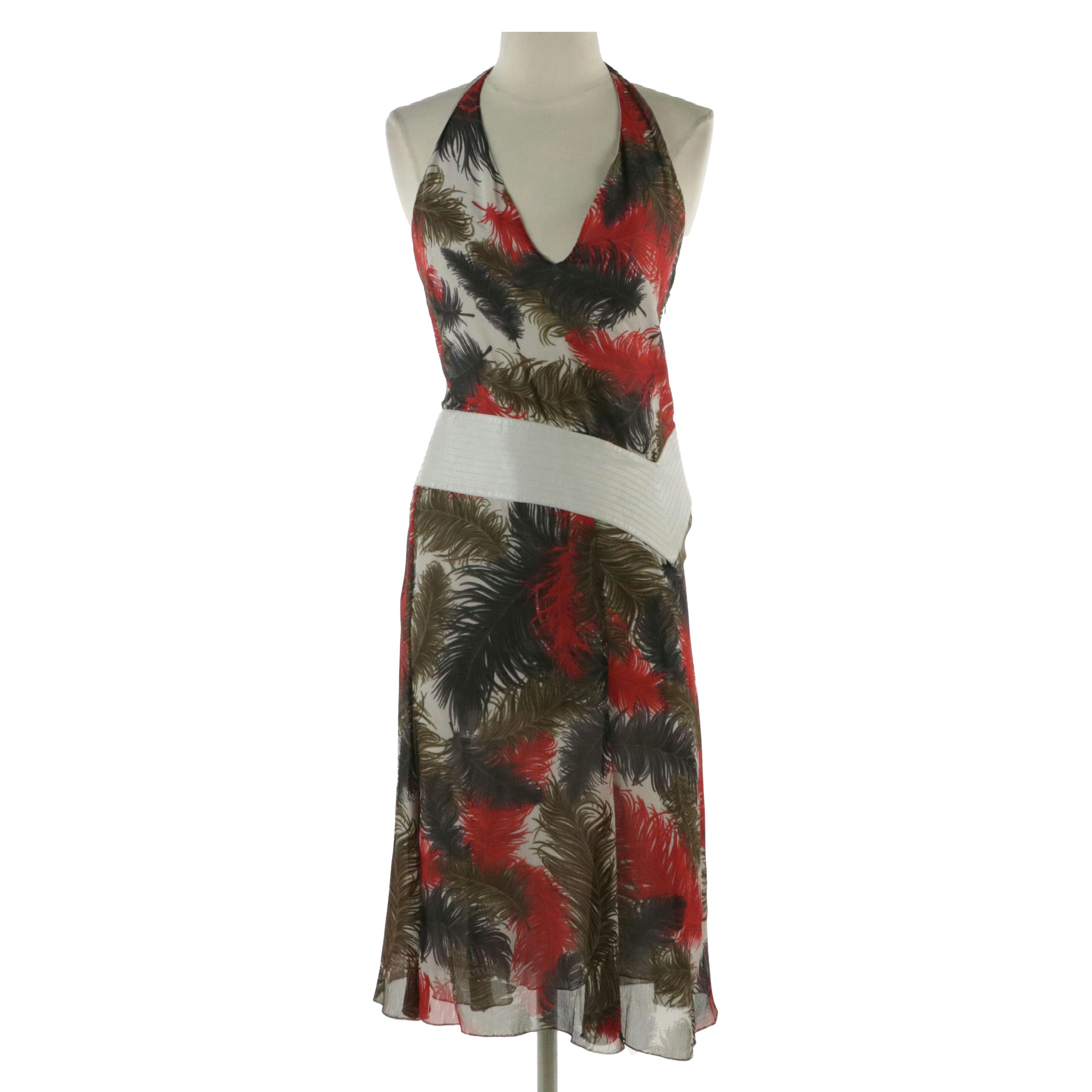 Gianni Versace Couture Ostrich Feather Print Silk Blend and Leather Halter Dress