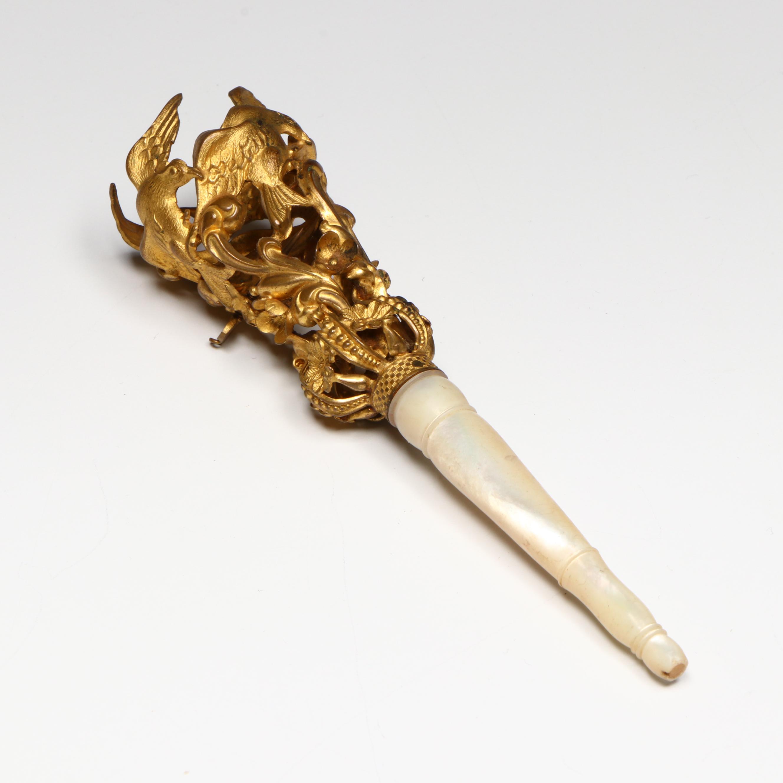 Continental Mother-Of-Pearl and Gilt Repoussé Tussie-Mussie Posy Holder