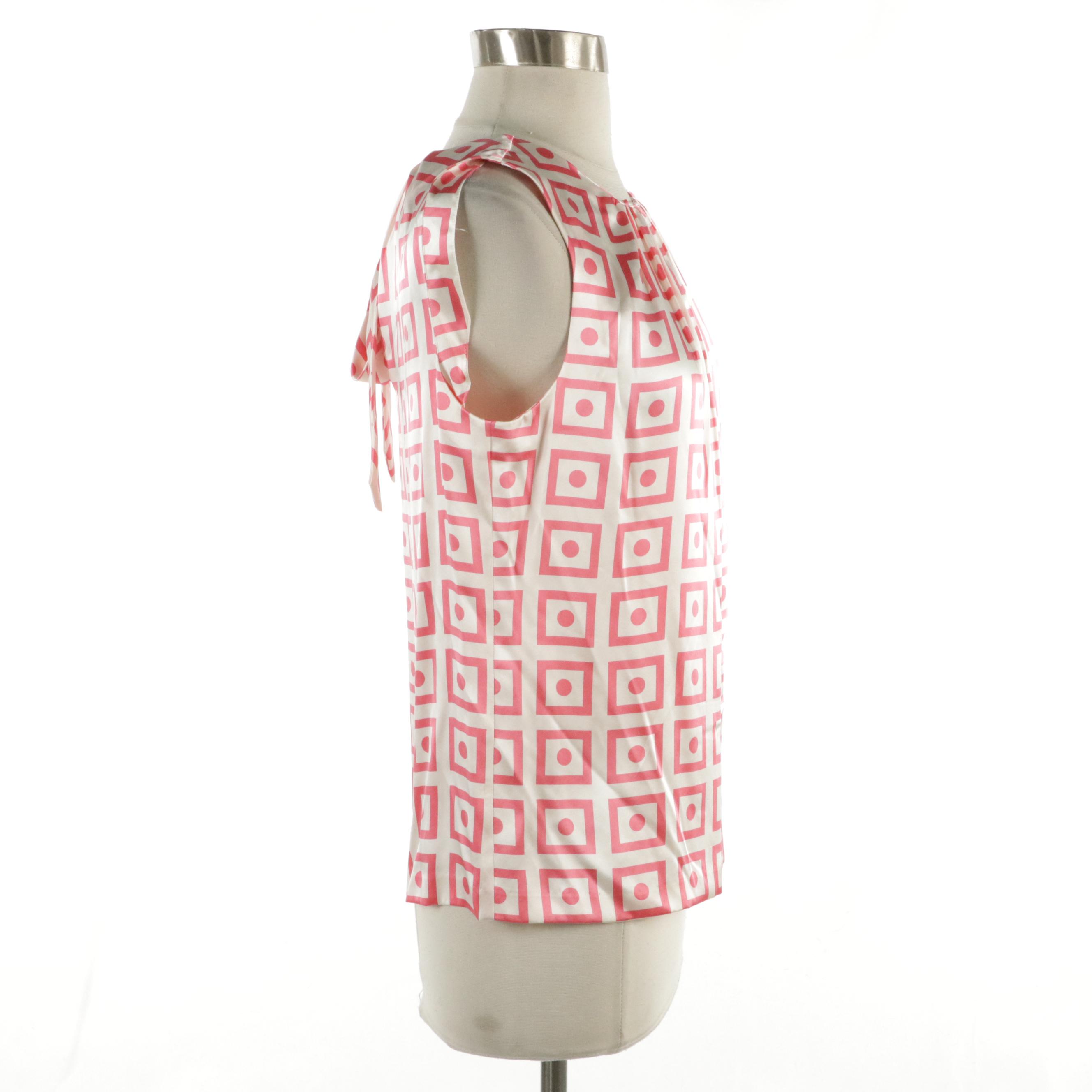 Tory Burch Printed Silk Ruched Sleeveless Blouse with Back Tie Strap