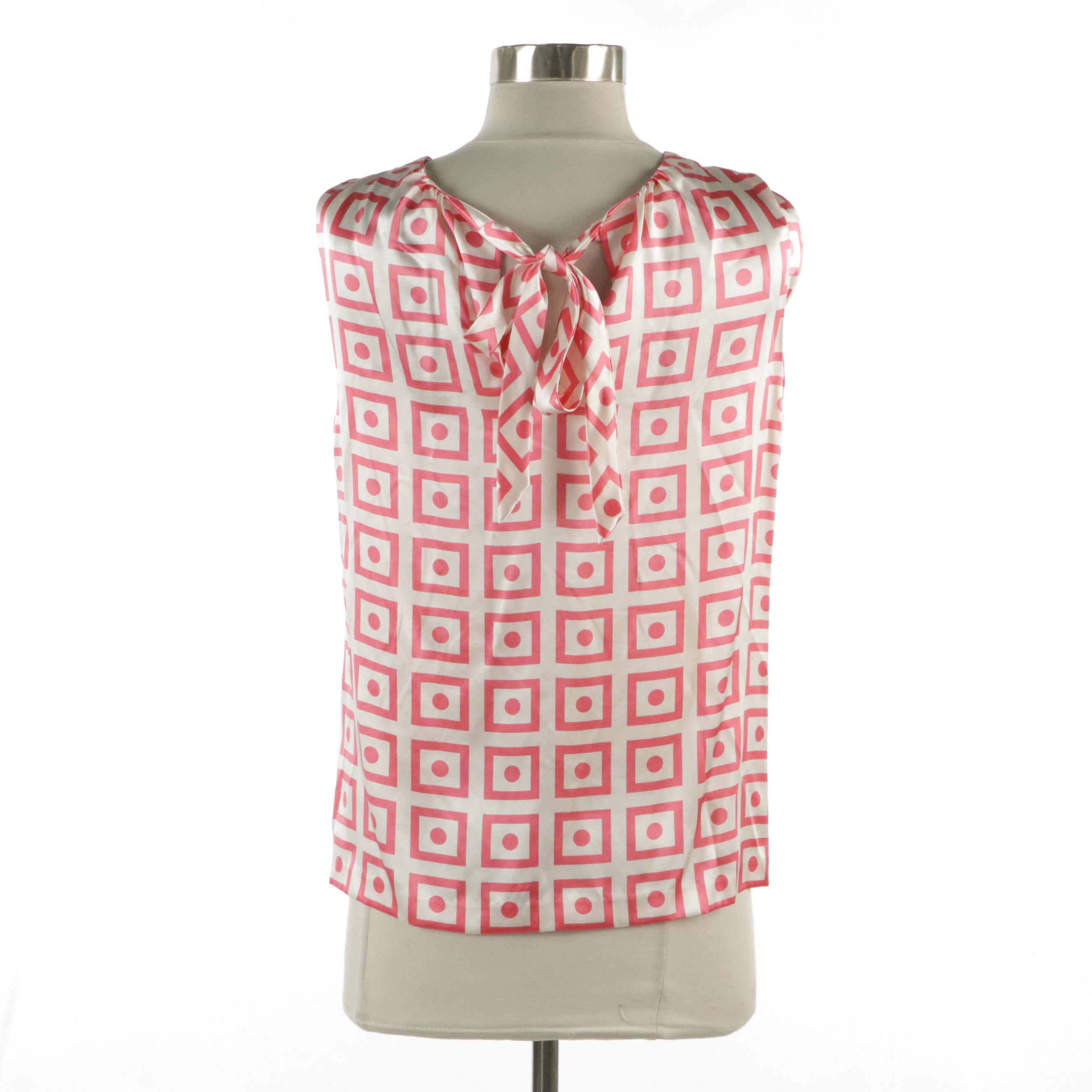 Tory Burch Printed Silk Ruched Sleeveless Blouse with Back Tie Strap