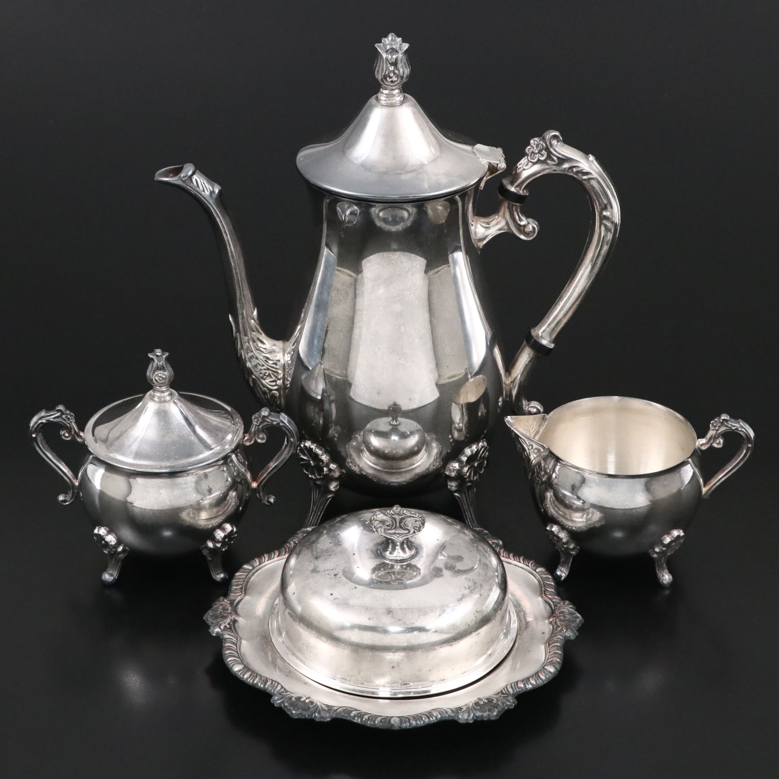 Leonard Silver Plate Tea Set with Covered Butter Dish, Mid to Late 20th Century