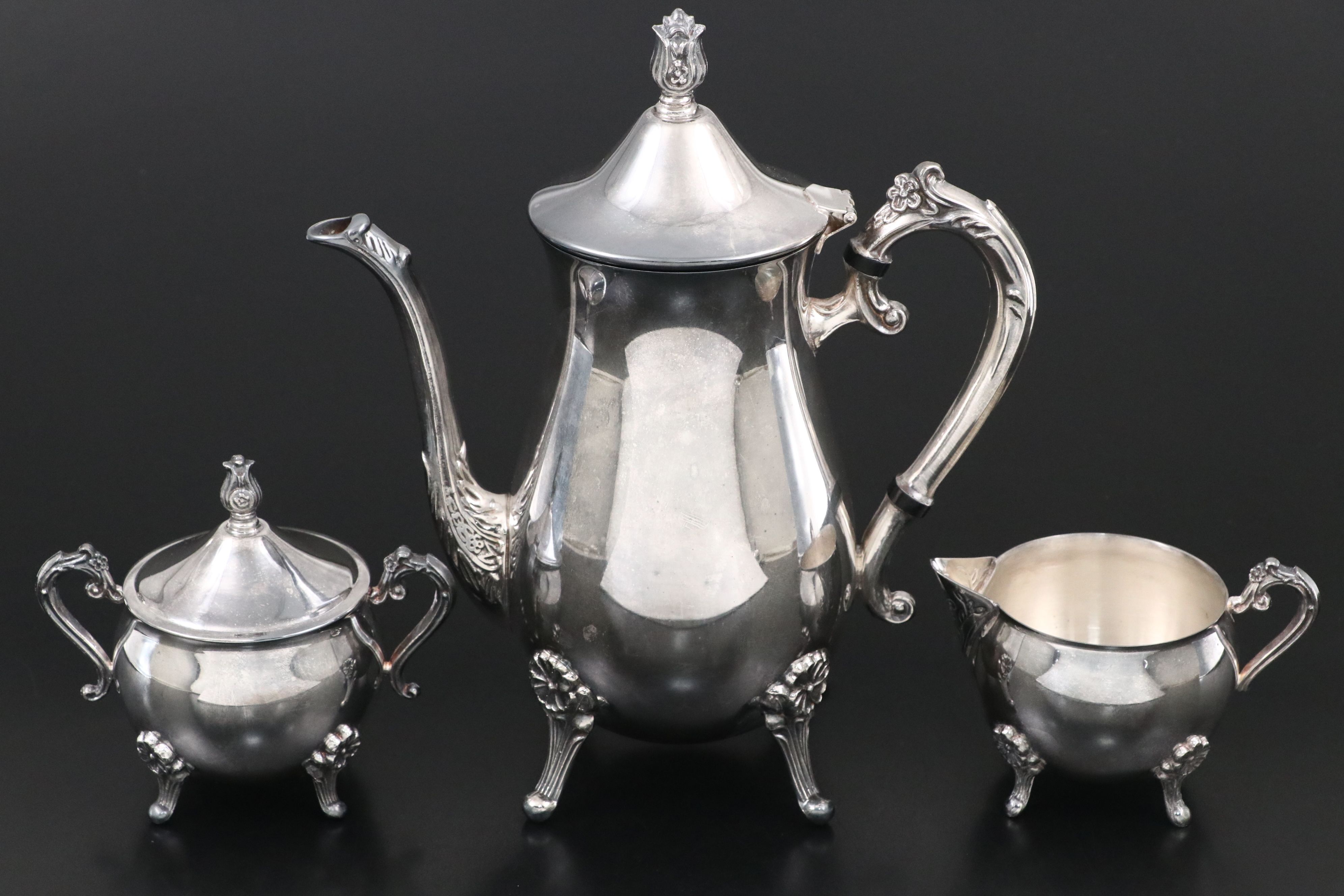 Leonard Silver Plate Tea Set with Covered Butter Dish, Mid to Late 20th Century