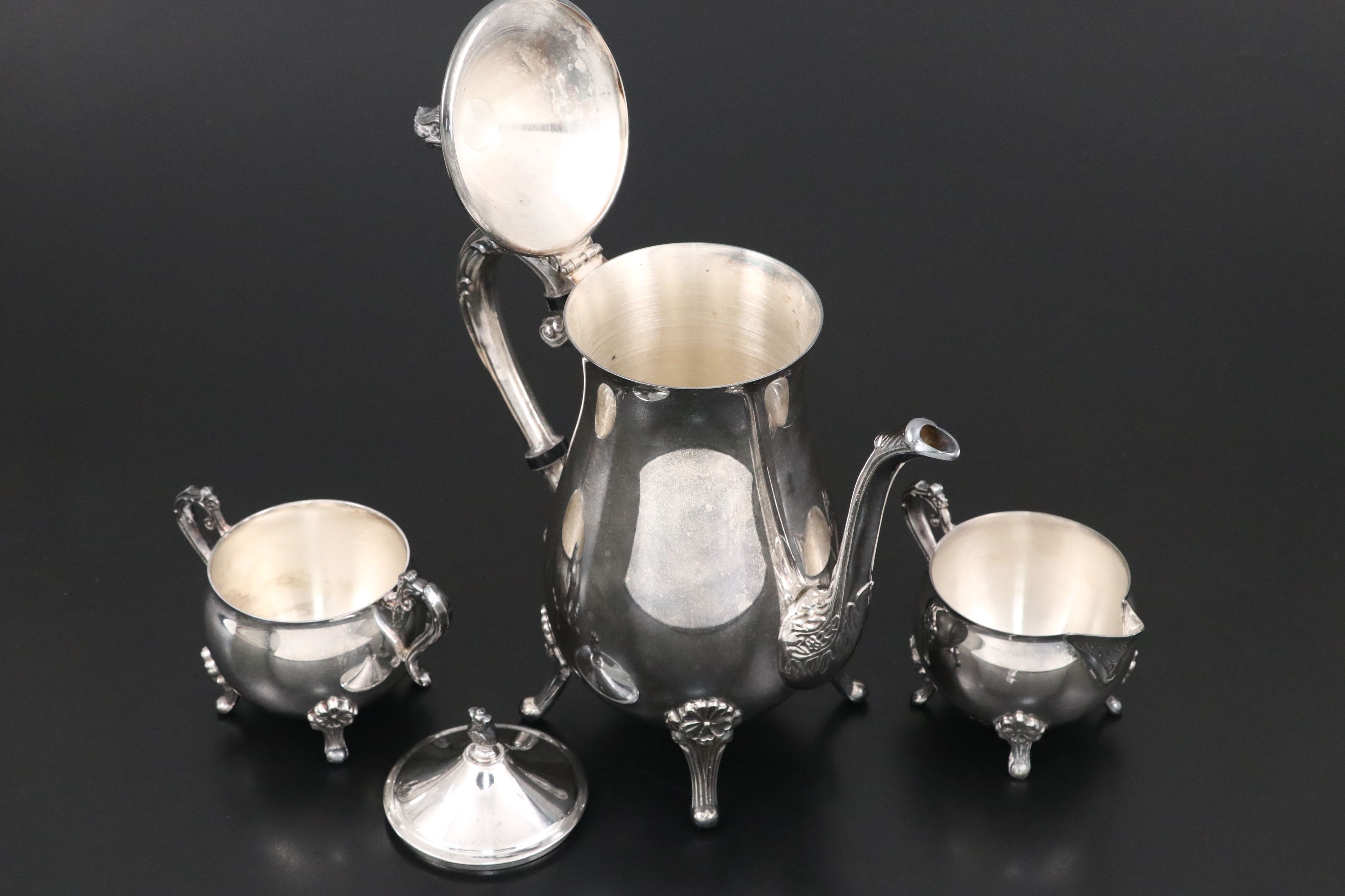 Leonard Silver Plate Tea Set with Covered Butter Dish, Mid to Late 20th Century