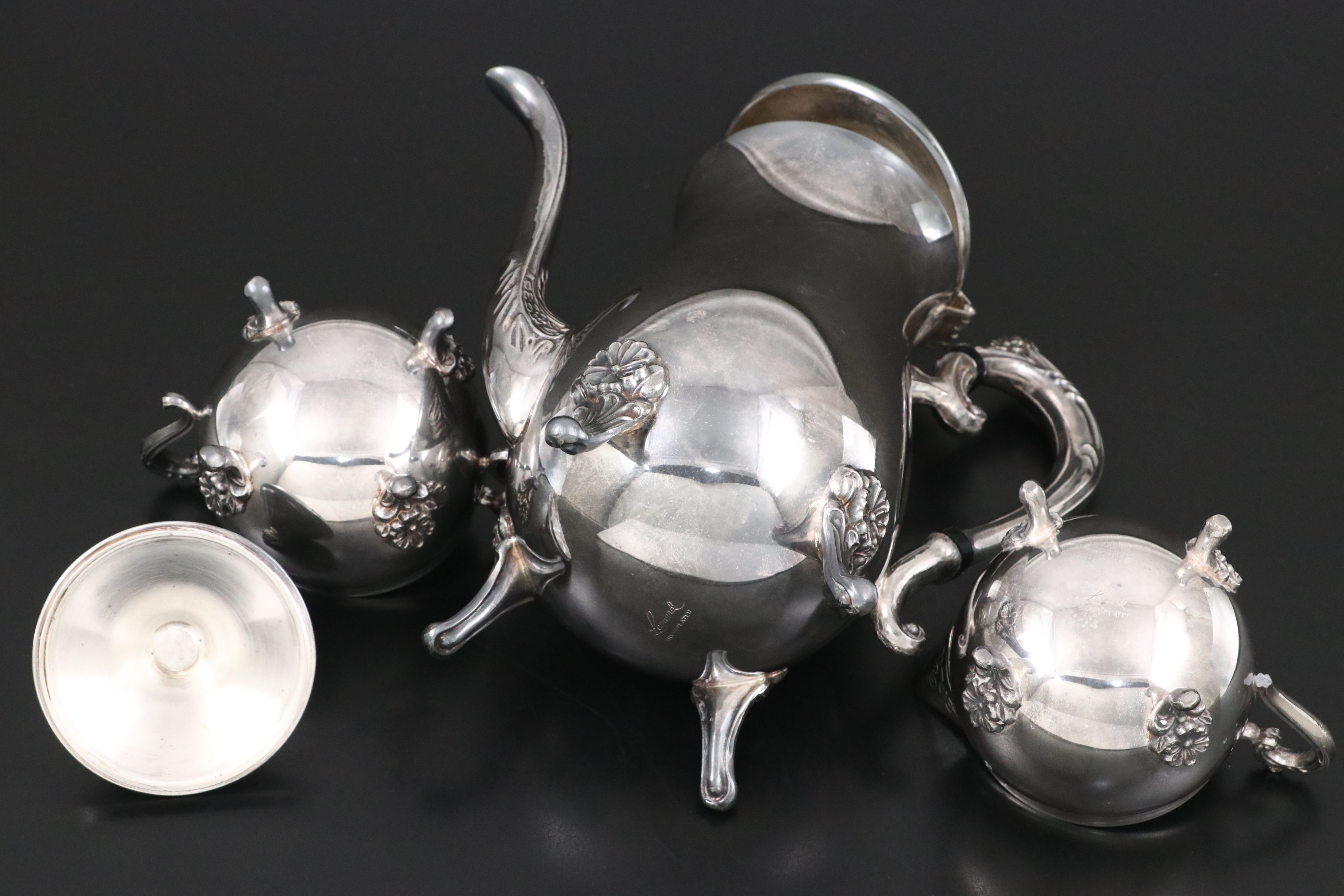 Leonard Silver Plate Tea Set with Covered Butter Dish, Mid to Late 20th Century
