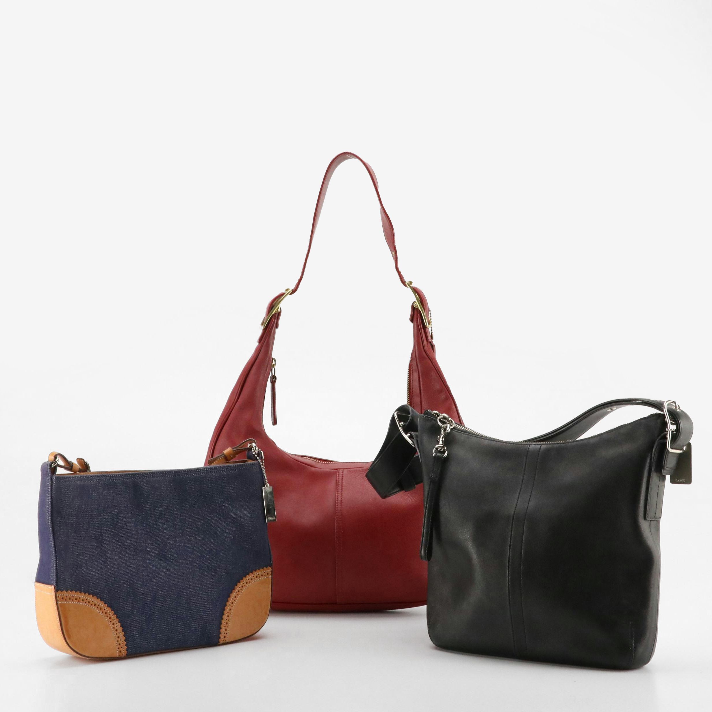 Coach Red and Black Leather Hobo Shoulder Bags, Zippered Denim Bag