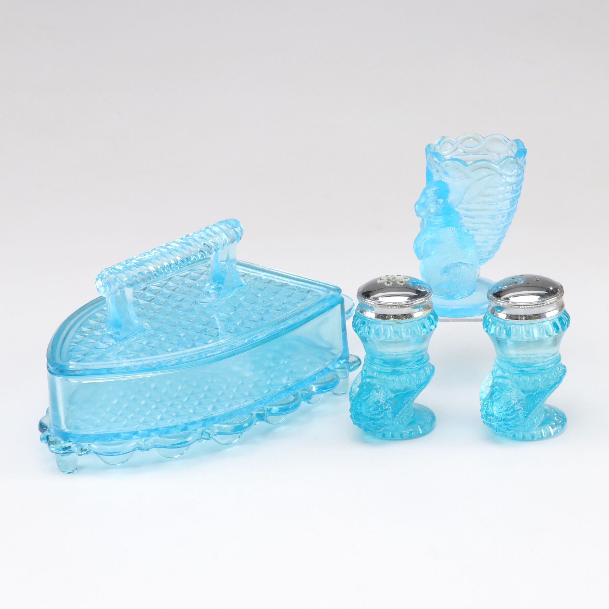 Light Blue Pressed Glass with L.G. Wright Iron Shaped Butter Dish