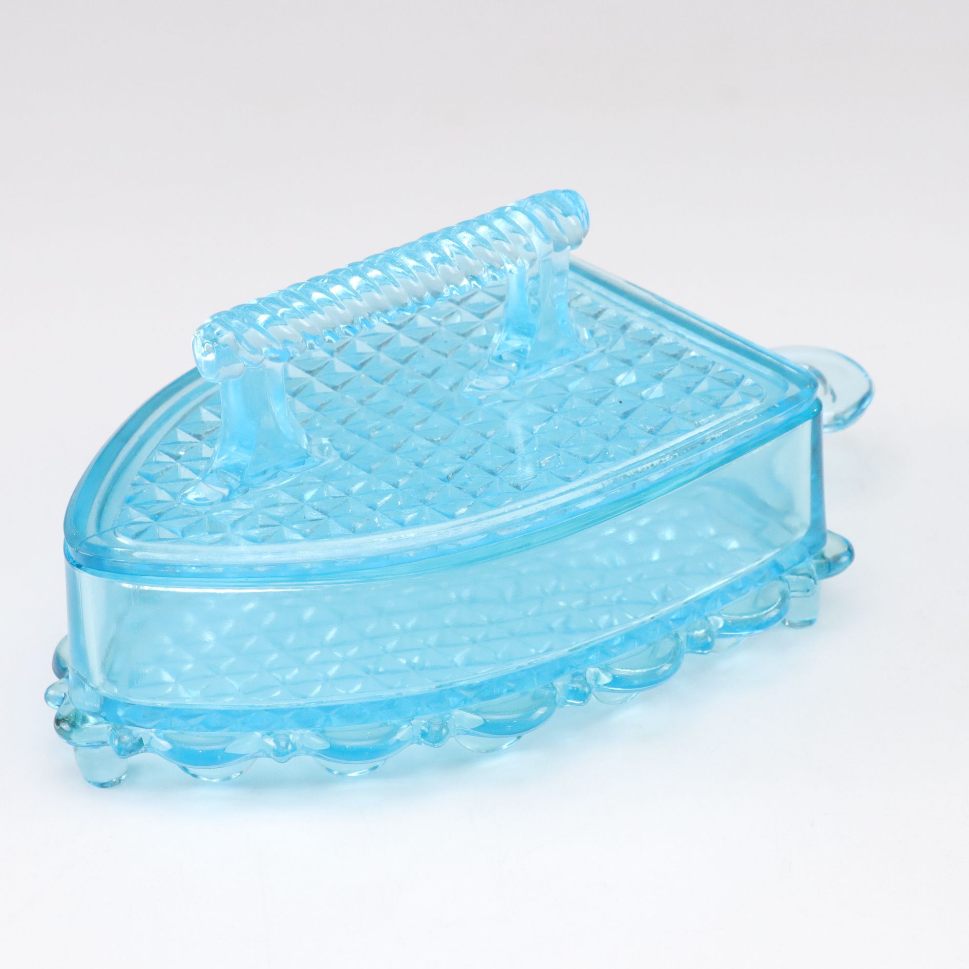 Light Blue Pressed Glass with L.G. Wright Iron Shaped Butter Dish