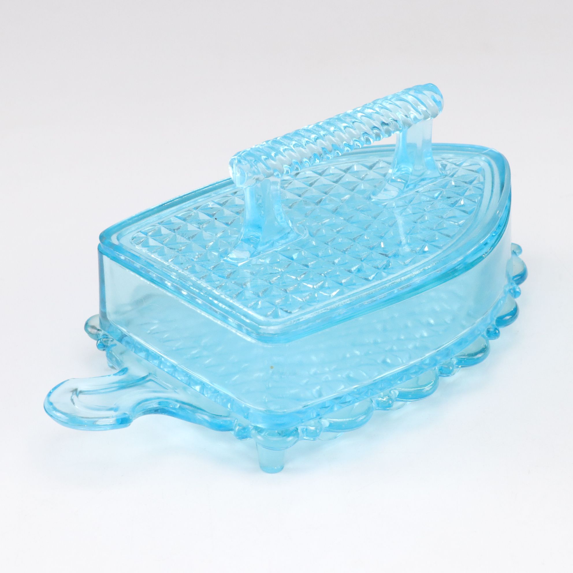 Light Blue Pressed Glass with L.G. Wright Iron Shaped Butter Dish