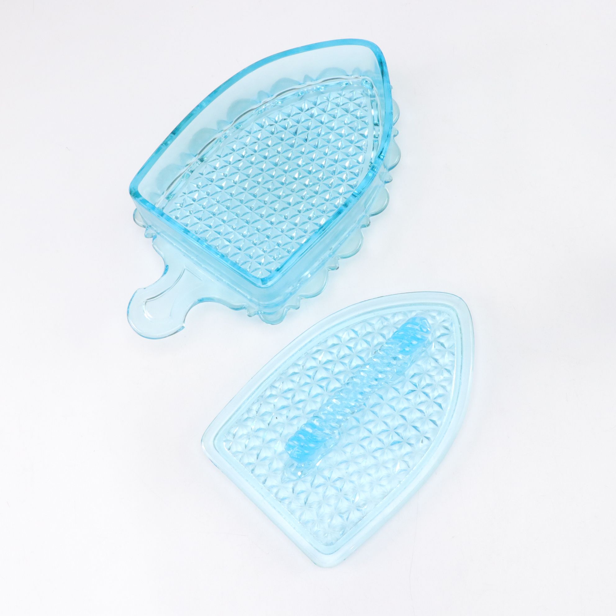 Light Blue Pressed Glass with L.G. Wright Iron Shaped Butter Dish