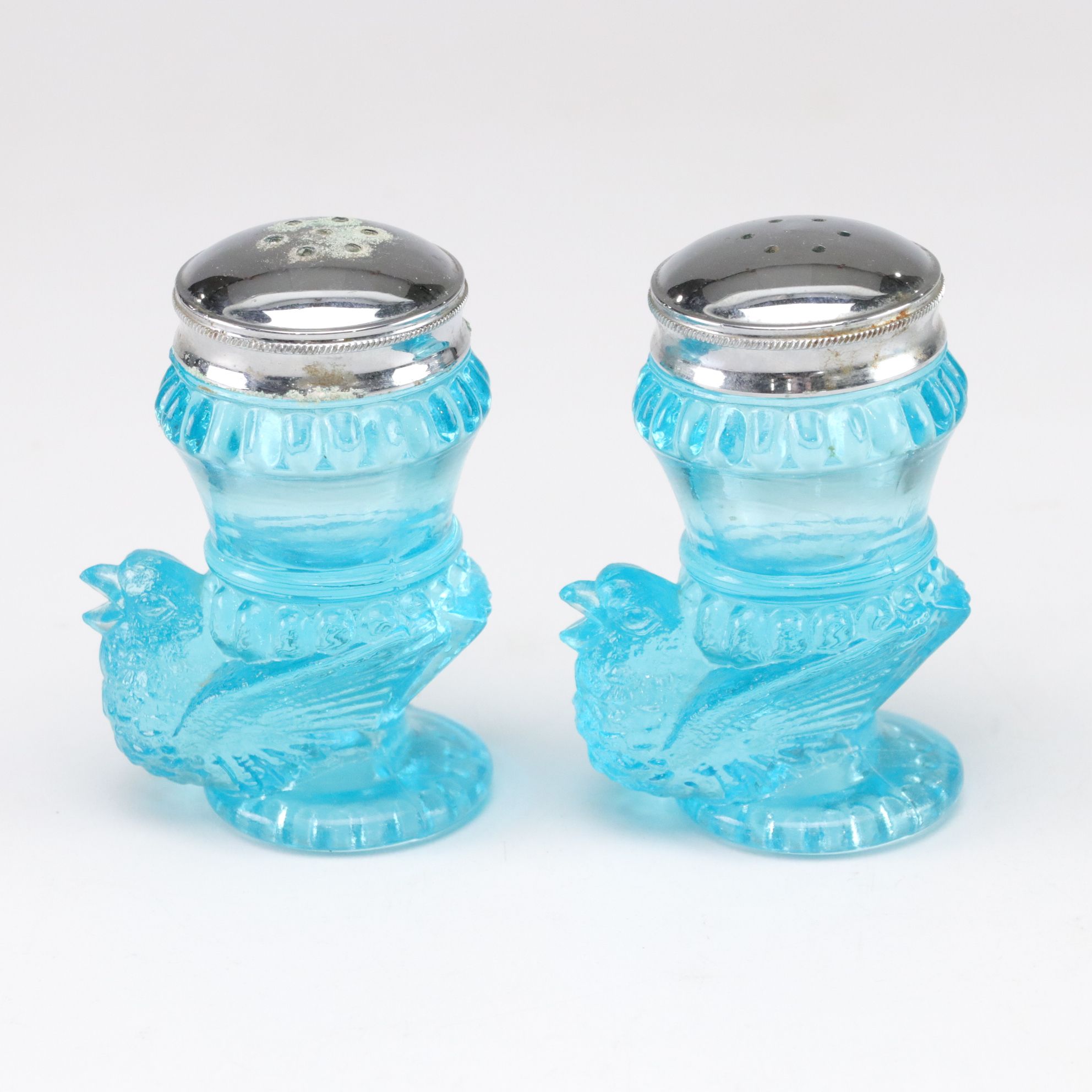 Light Blue Pressed Glass with L.G. Wright Iron Shaped Butter Dish