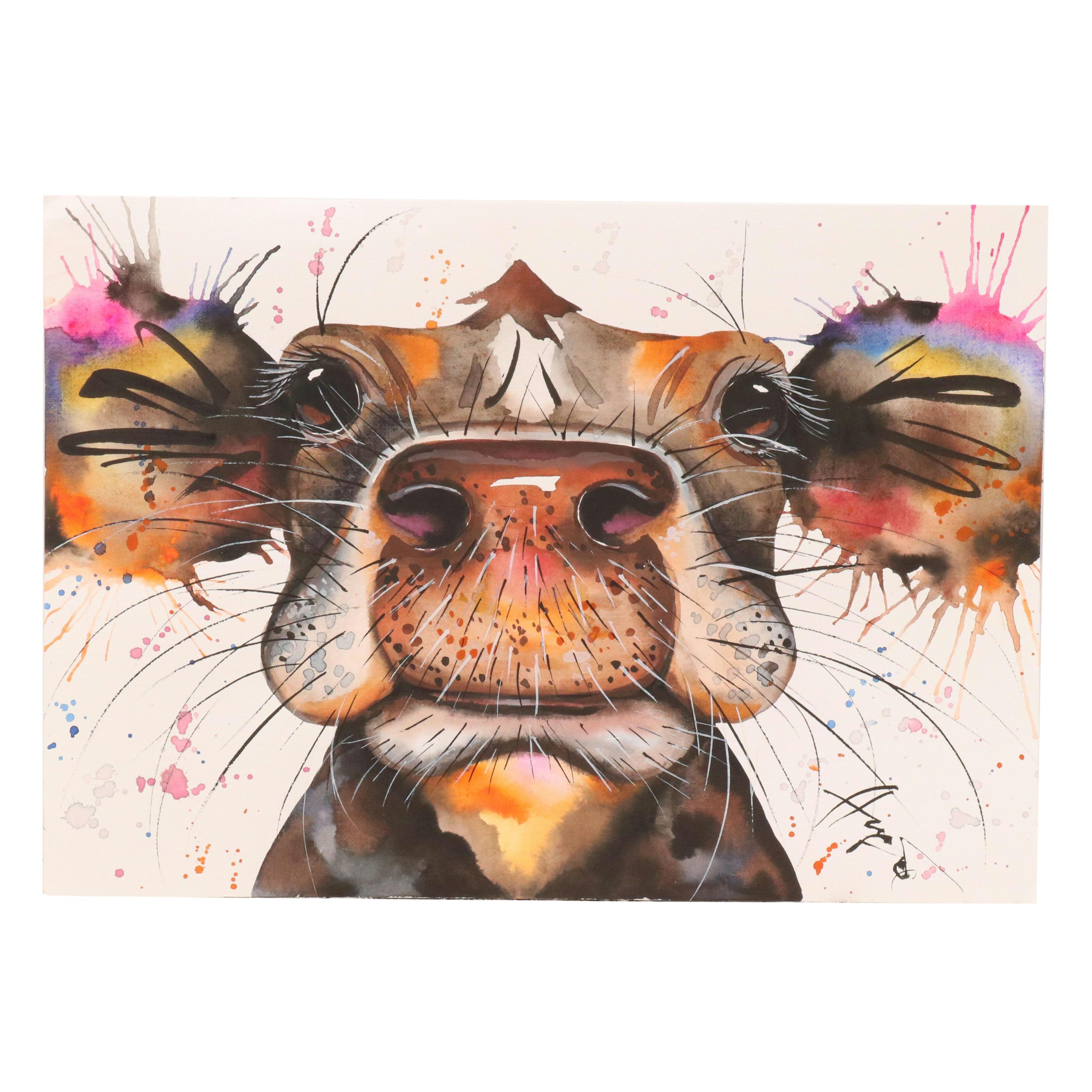 Anne Gorywine Watercolor Painting of Stylized Cow, 2025