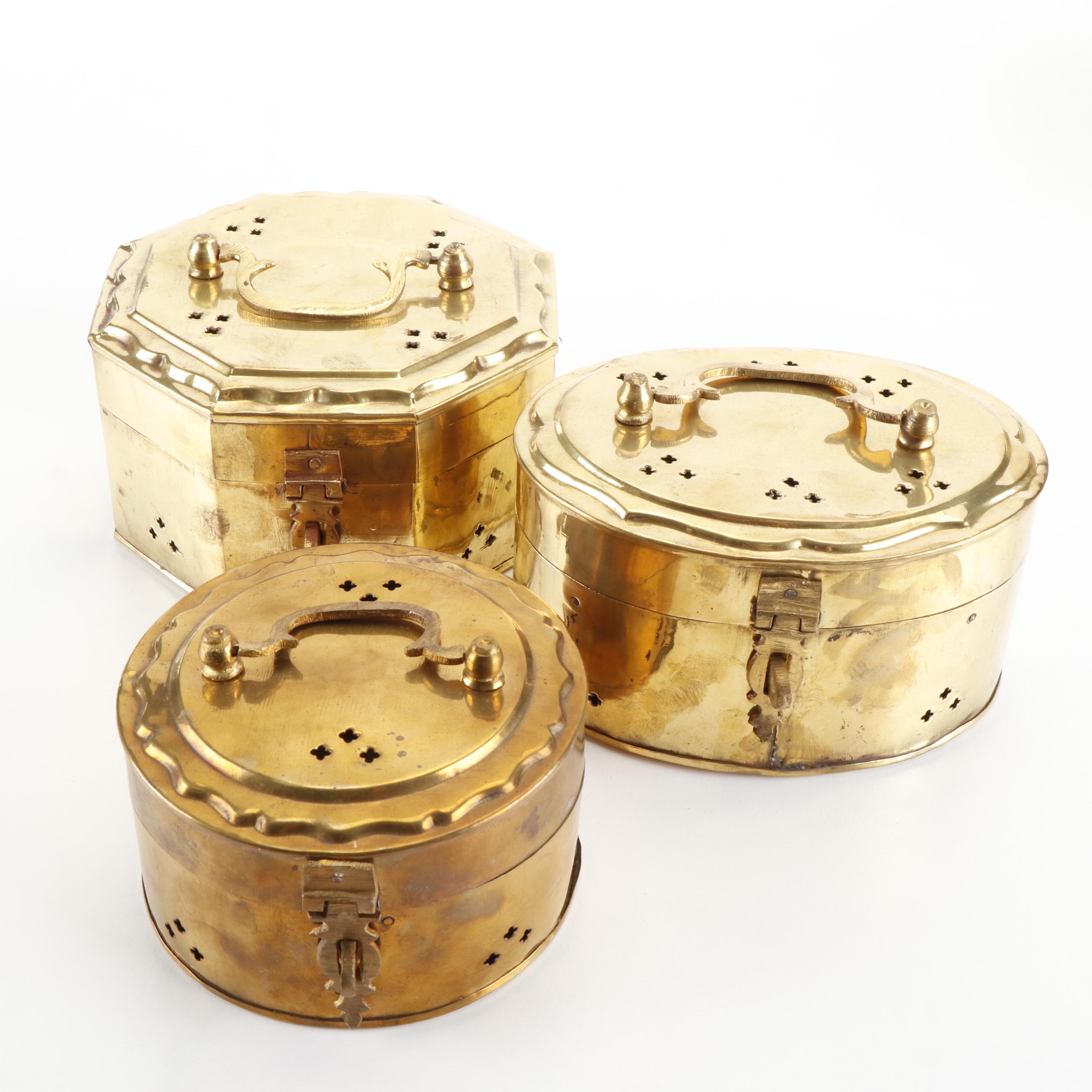 Brass Cricket Boxes with Beehive Shaped Box and Mortar and Pestle