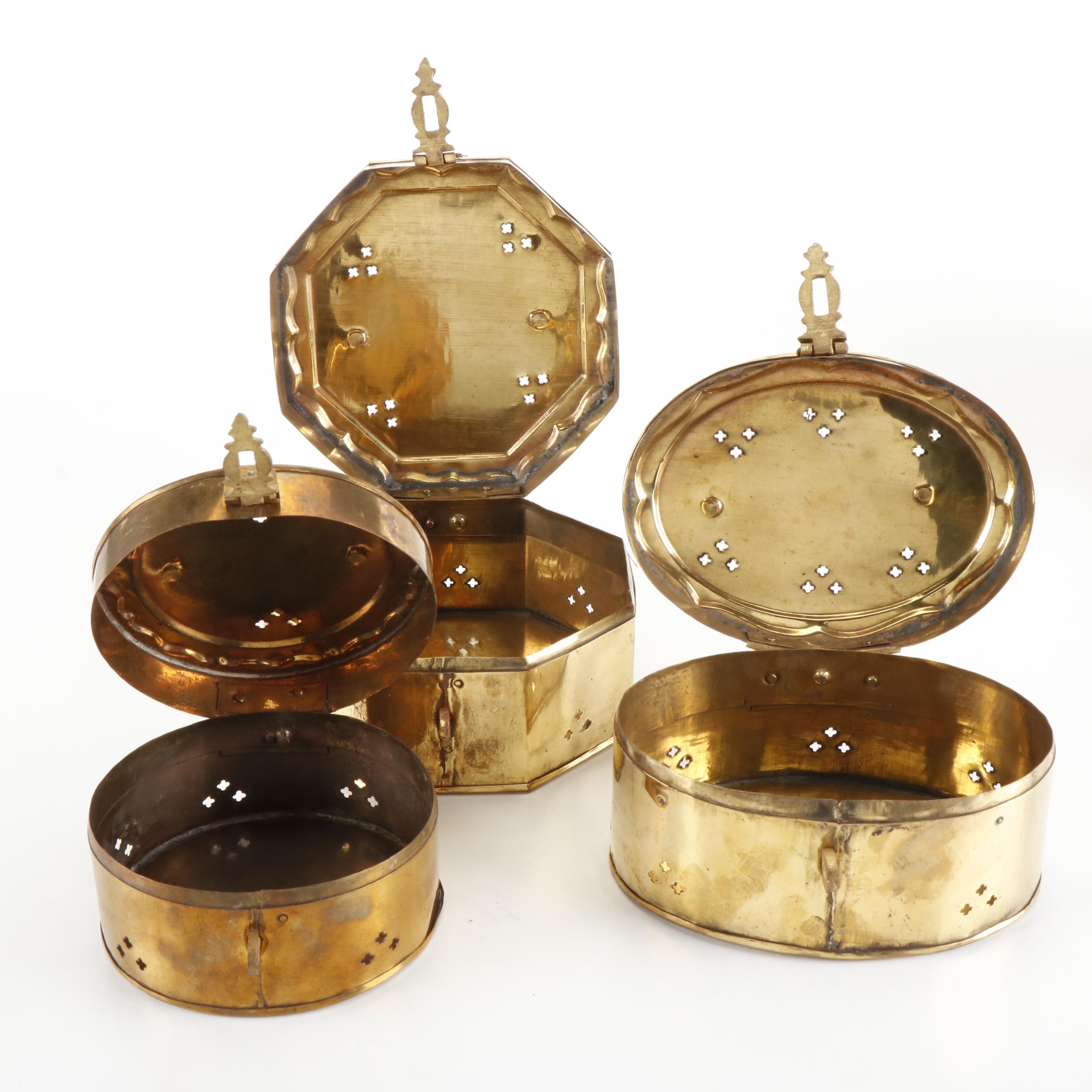 Brass Cricket Boxes with Beehive Shaped Box and Mortar and Pestle