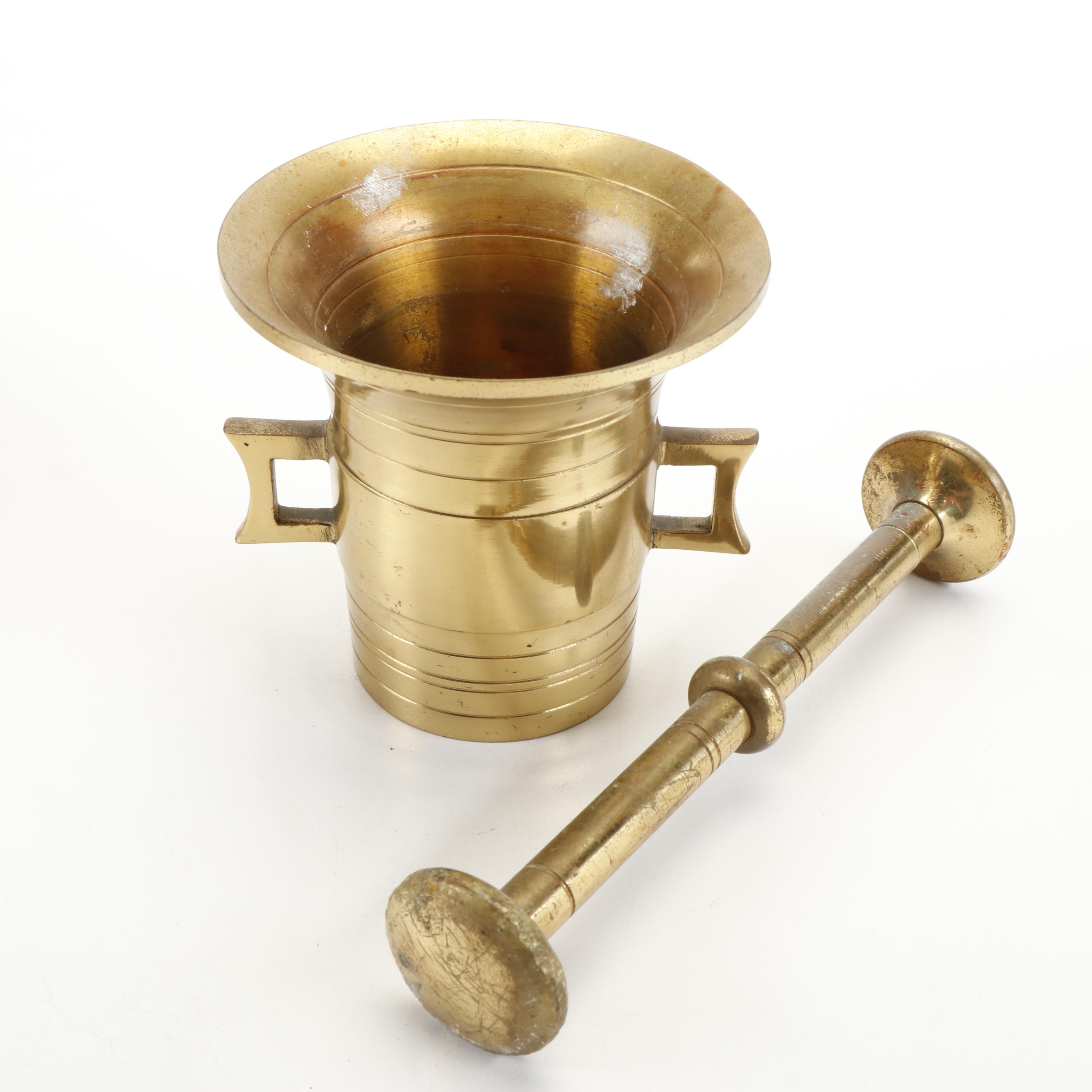 Brass Cricket Boxes with Beehive Shaped Box and Mortar and Pestle