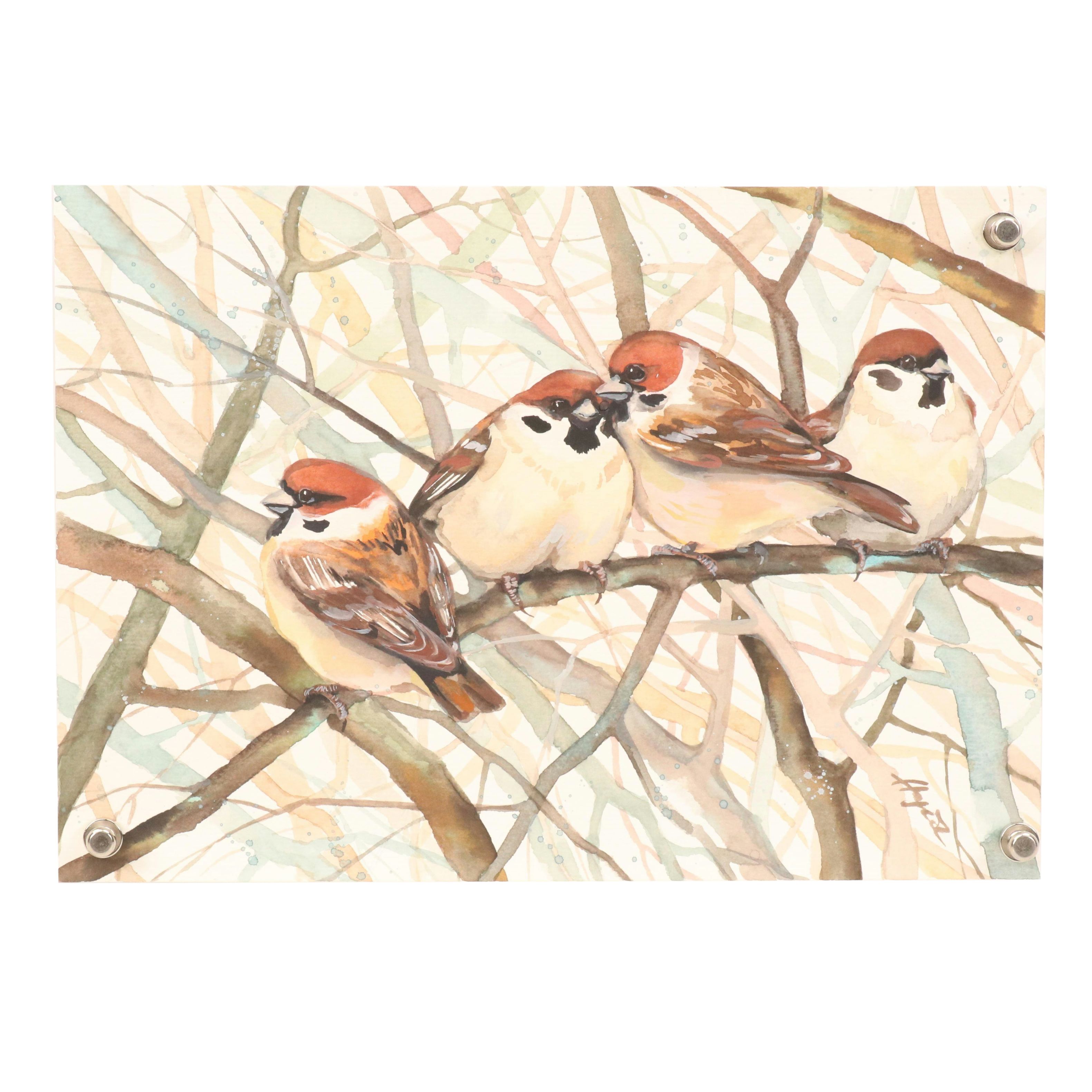 Anne Gorywine Watercolor Painting of Sparrows, 2025