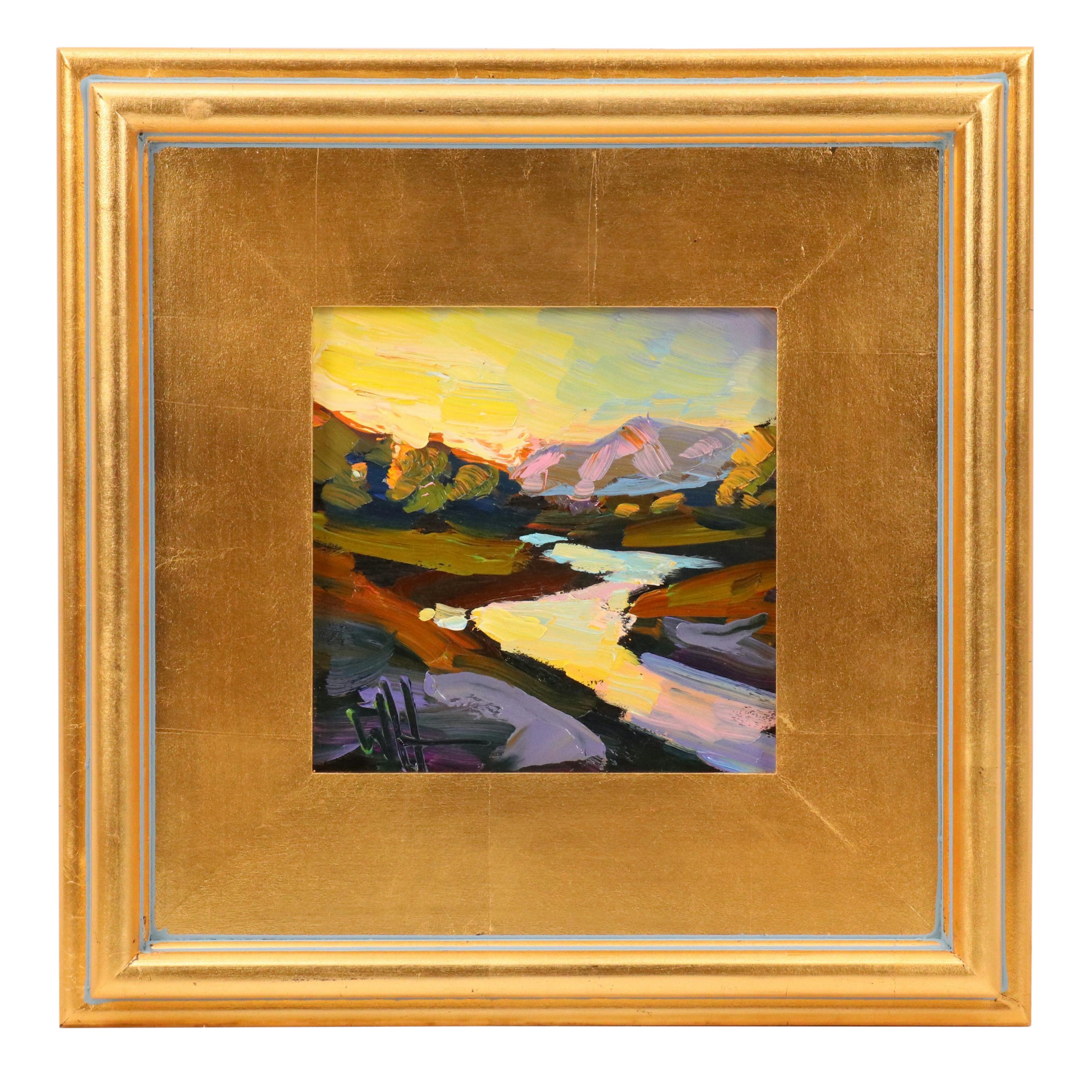 William Hawkins Oil Painting of Sunset Mountain Landscape, 21st Century