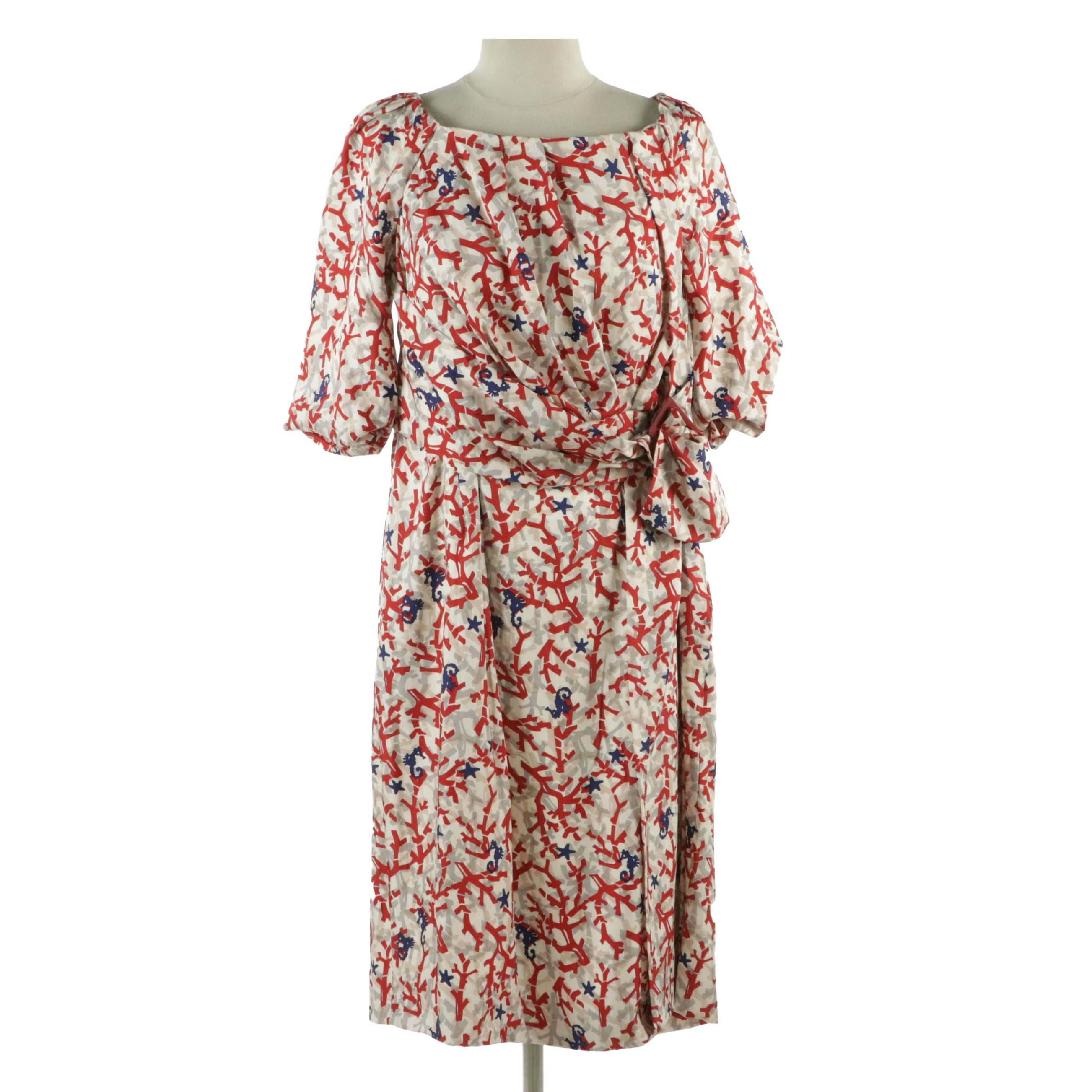 Gucci Seahorse and Coral Printed Silk Dress with Pleated Neckline