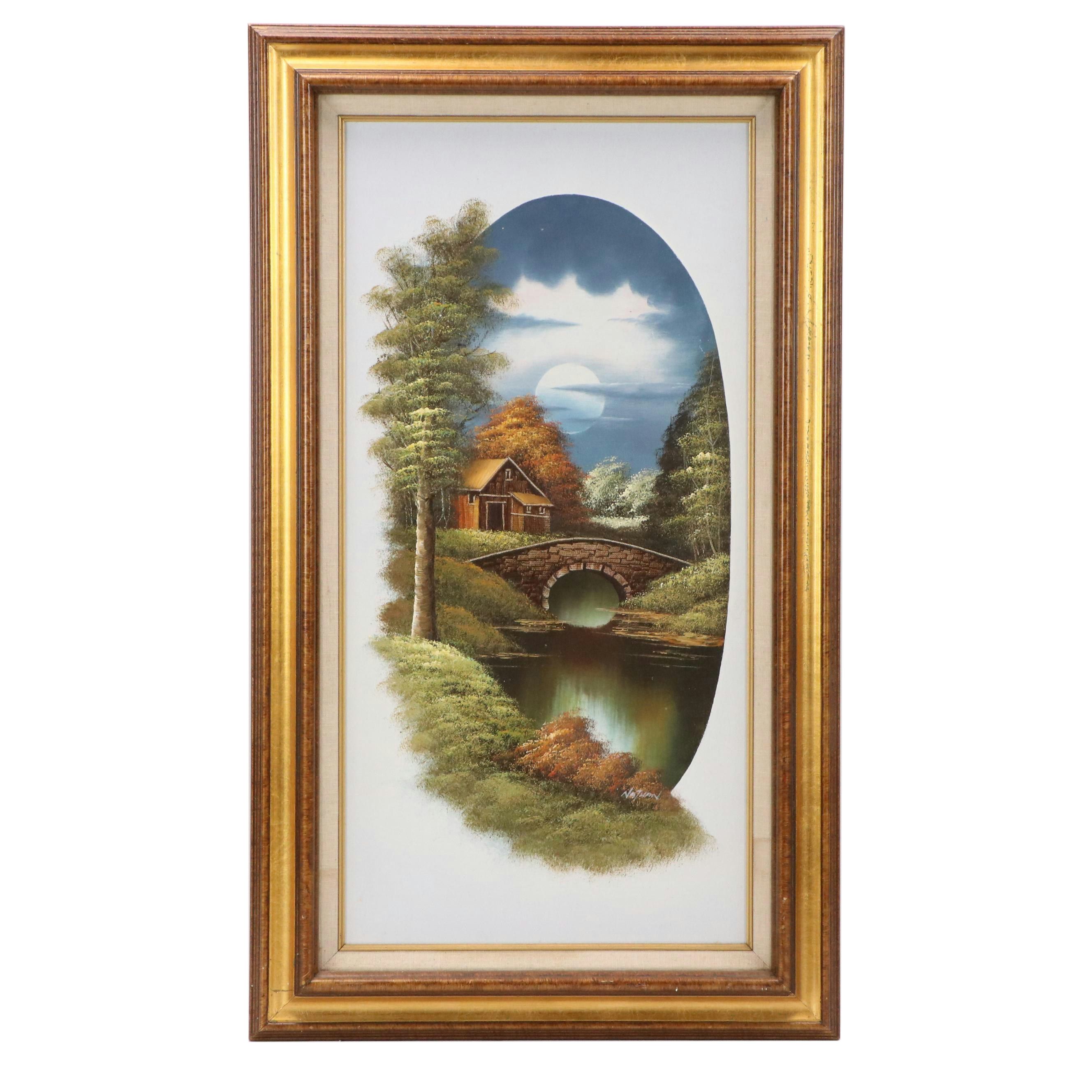 Landscape Oil Painting with Moonlit Cabin, Late 20th Century