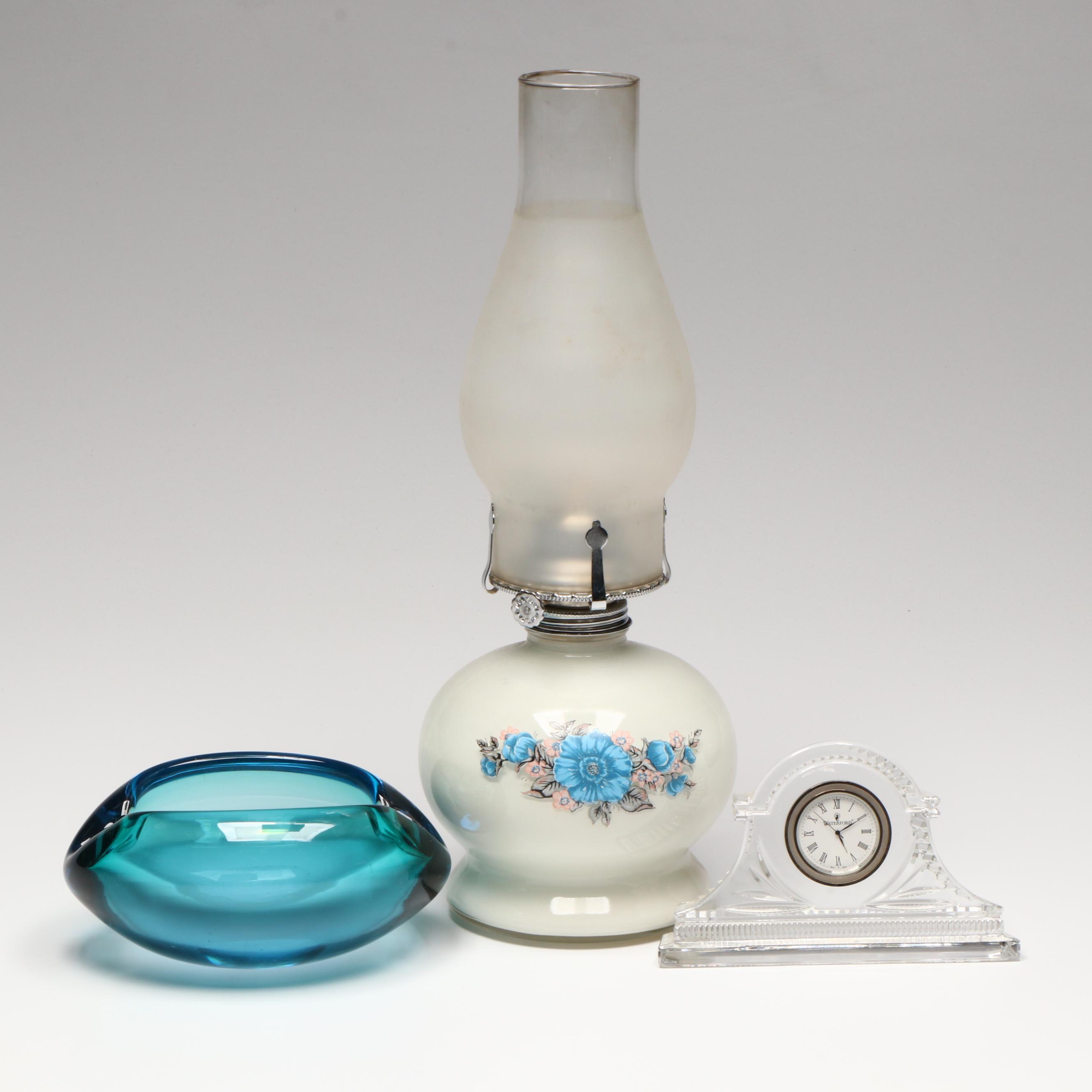 Waterford Crystal Desk Clock, Art Glass Ashtray, and Vintage Milk Glass Oil Lamp