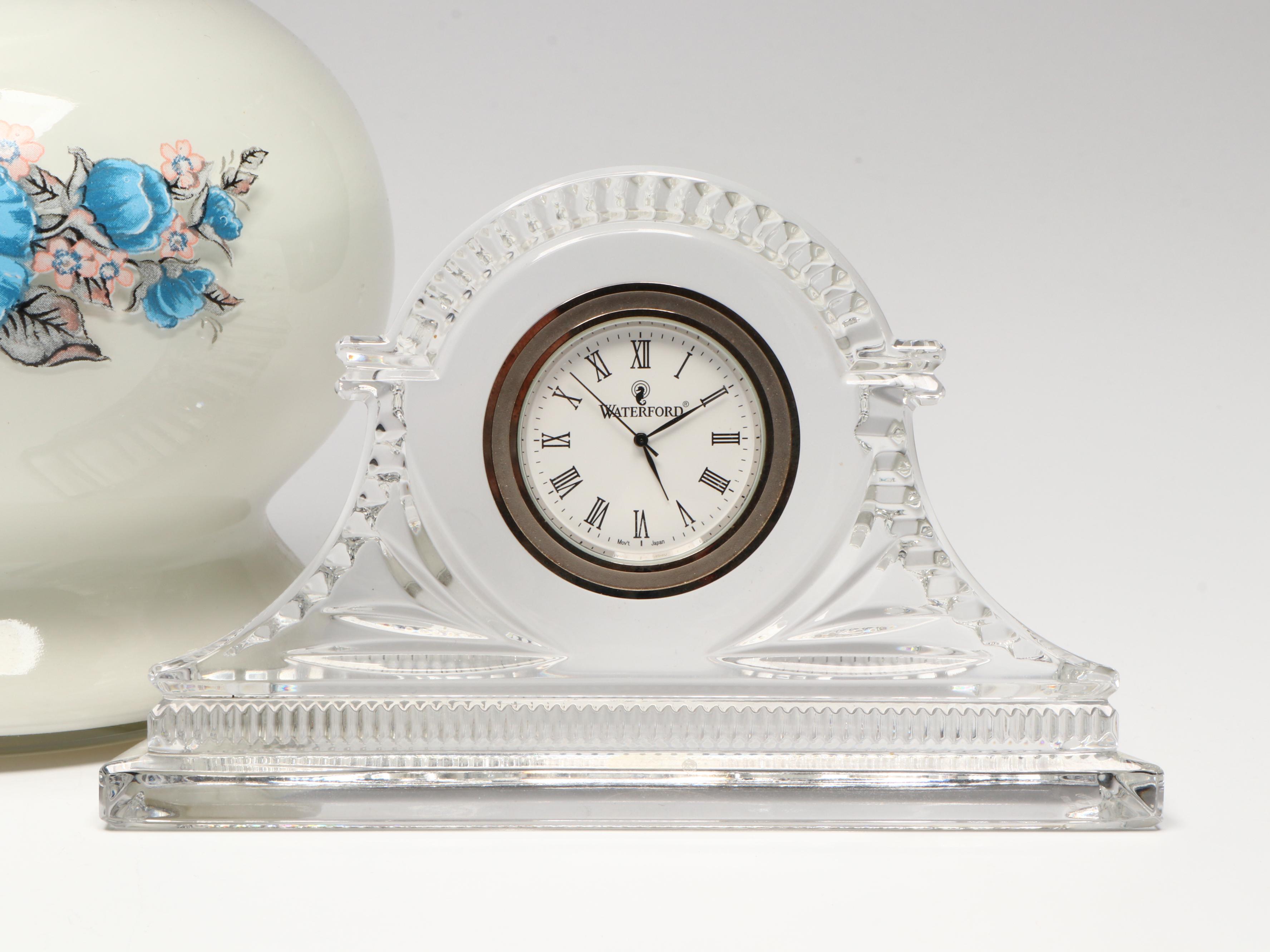 Waterford Crystal Desk Clock, Art Glass Ashtray, and Vintage Milk Glass Oil Lamp