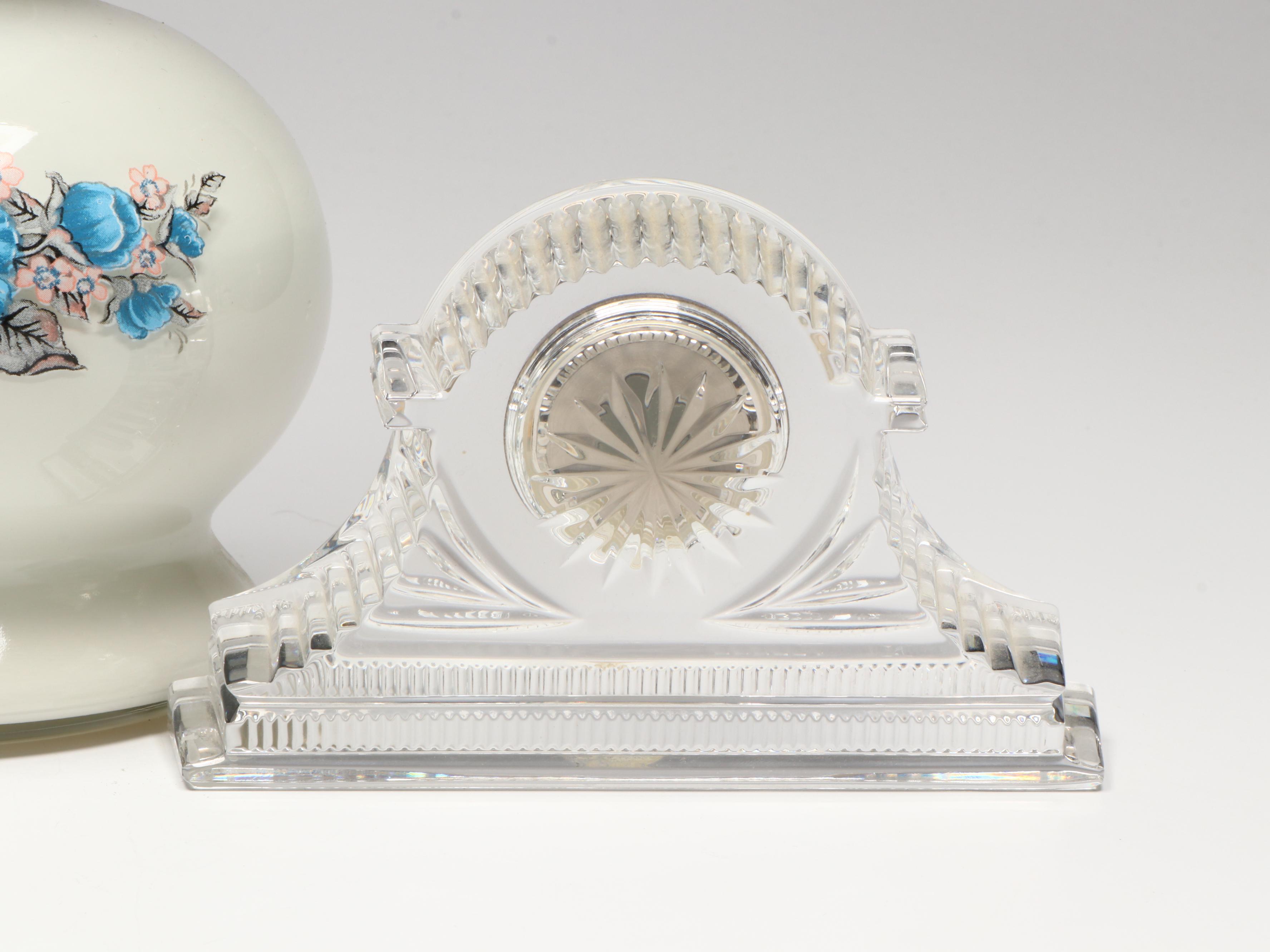 Waterford Crystal Desk Clock, Art Glass Ashtray, and Vintage Milk Glass Oil Lamp