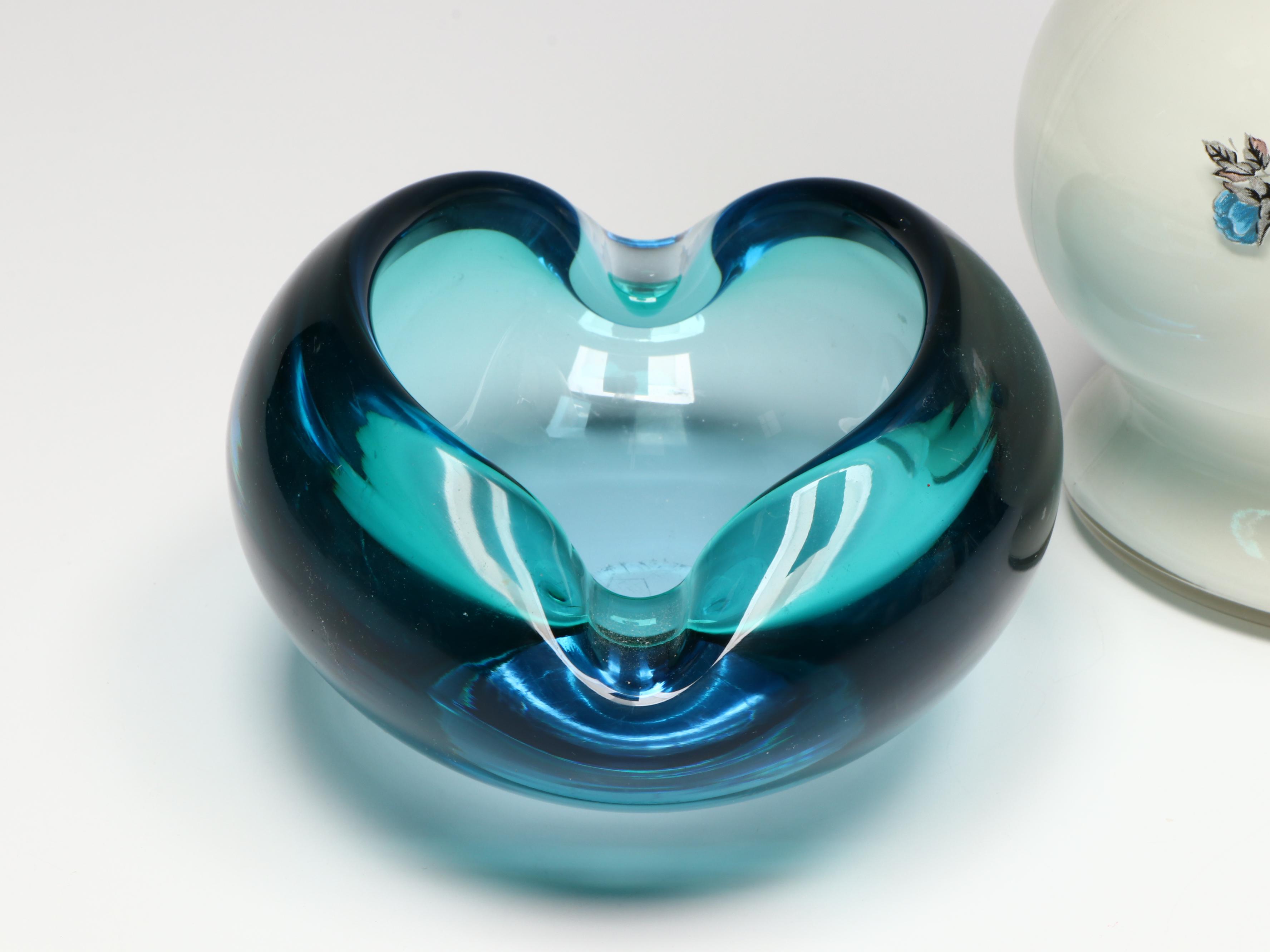 Waterford Crystal Desk Clock, Art Glass Ashtray, and Vintage Milk Glass Oil Lamp