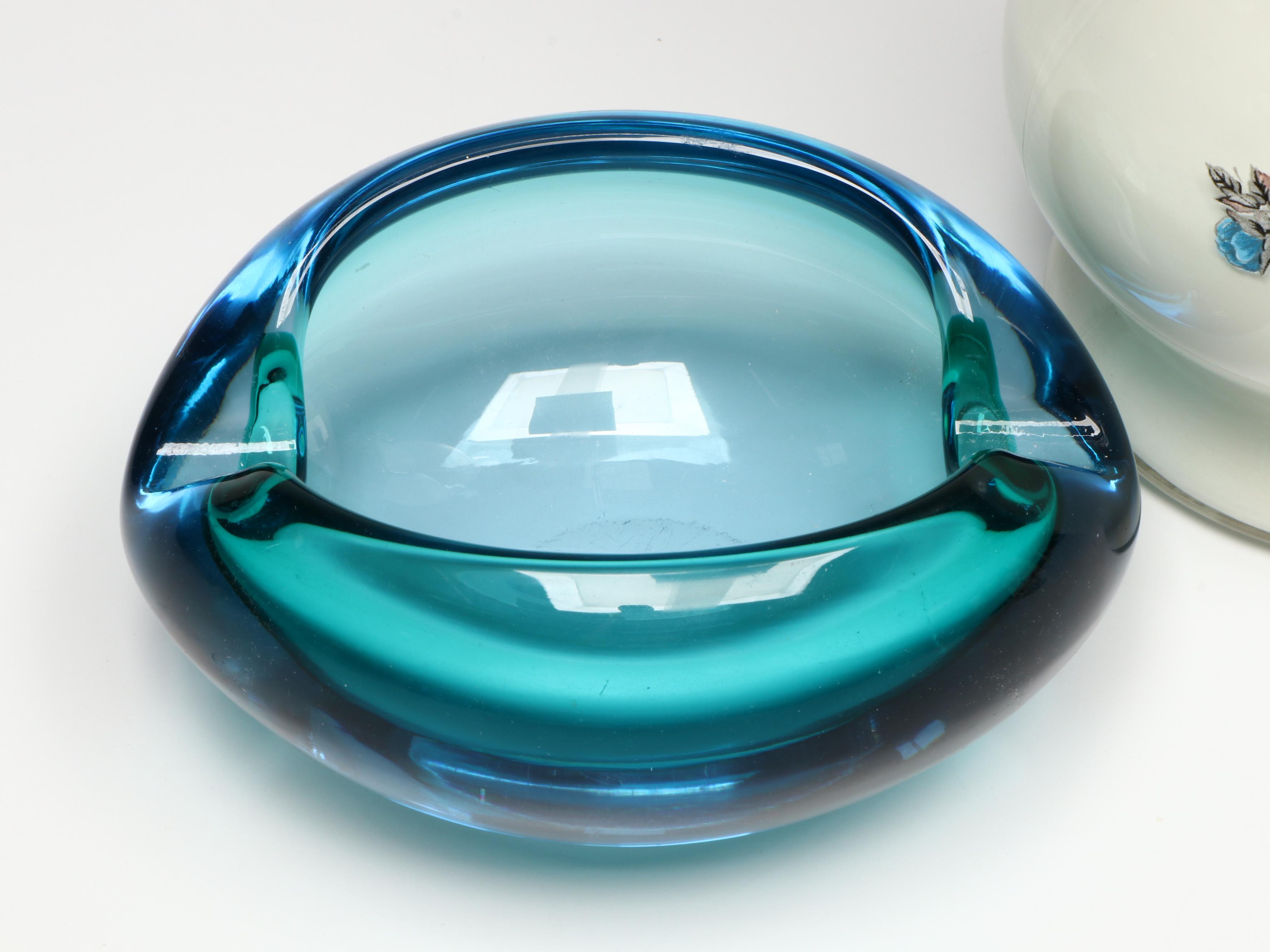 Waterford Crystal Desk Clock, Art Glass Ashtray, and Vintage Milk Glass Oil Lamp