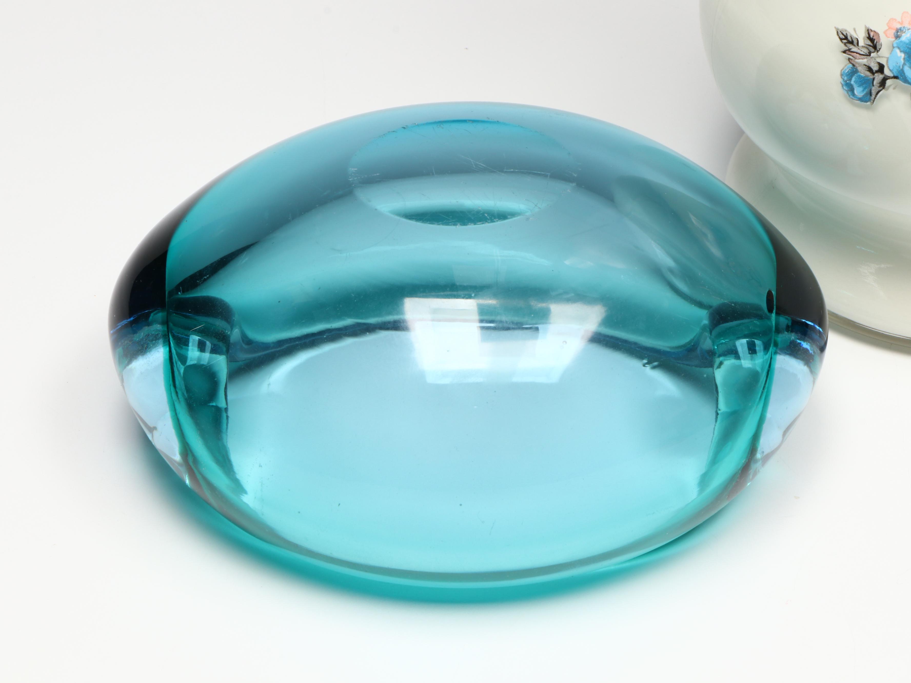 Waterford Crystal Desk Clock, Art Glass Ashtray, and Vintage Milk Glass Oil Lamp