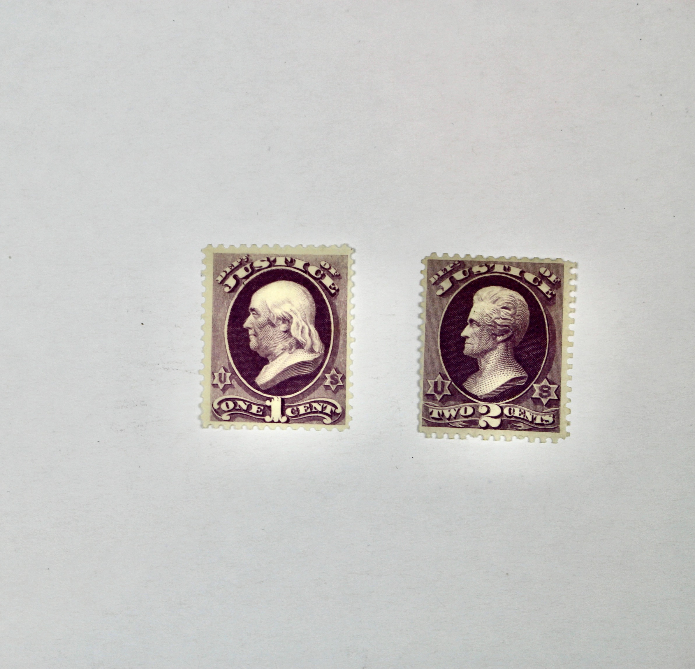 Two Unused Justice Revenue Stamps, Scott 025 and 026, 1873
